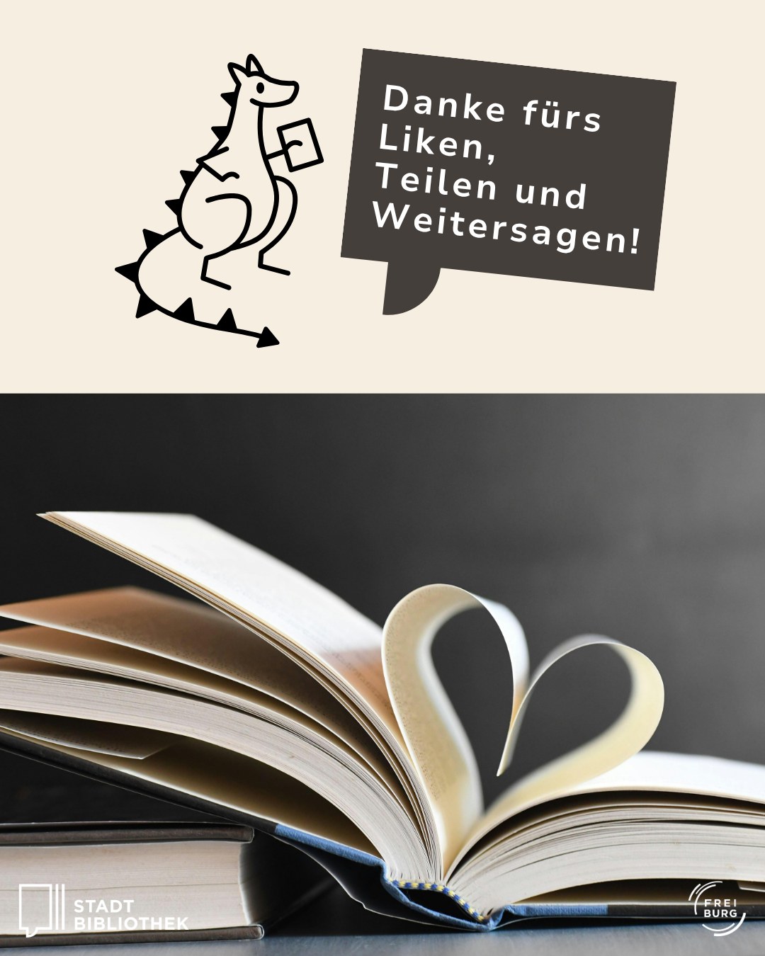 Dieser Alternativtext wurde KI-generiert: Schwarz-Weiß-Illustration eines Dinosauriers neben einem offenen Buch. Der Hintergrund enthält Text, der sich für Likes, Shares und Kommentare bedankt.