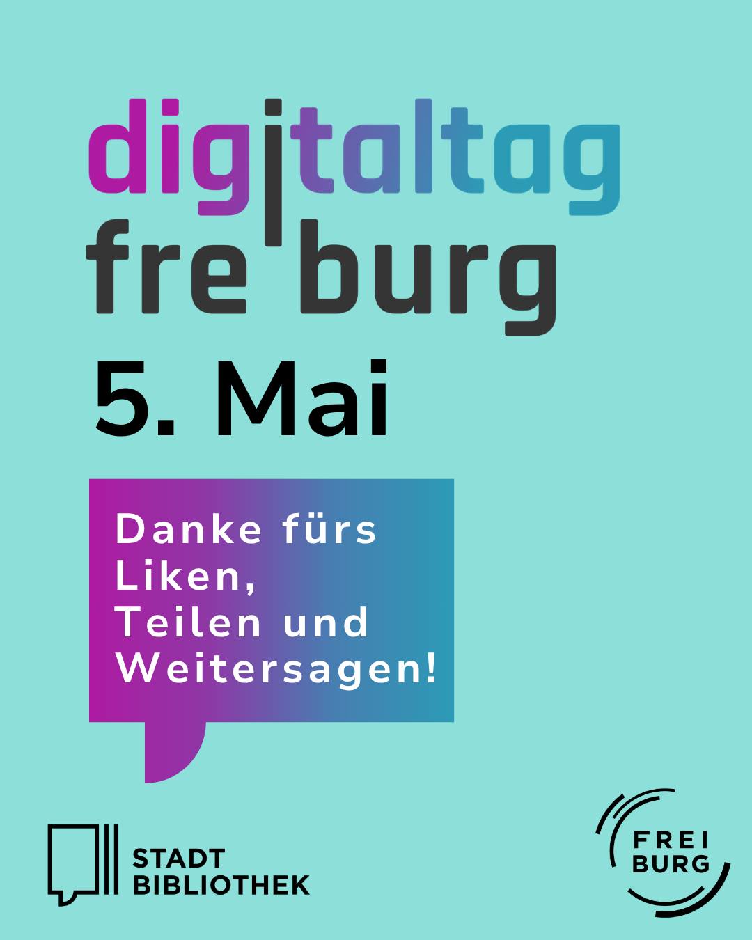 Dieser Alternativtext wurde KI-generiert: Ein farbenfrohes Plakat mit Text in Weiß und Violett auf türkisem Hintergrund. Es enthält eine Datumsangabe und eine Aufforderung zum Teilen und Weitersagen.