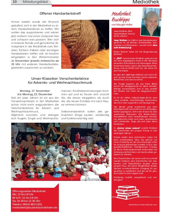 Dieser Alternativtext wurde KI-generiert: Schwarz-weißes Foto einer Zeitungsseite mit Text und mehreren kleinen Illustrationen. Der Artikel kündigt verschiedene Veranstaltungen im November an.