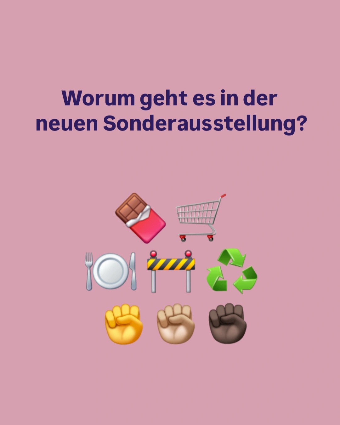 Dieser Alternativtext wurde KI-generiert: Ein rosafarbener Hintergrund zeigt eine Reihe von Emojis und Gegenständen, darunter Lebensmittel, eine Handtasche, ein Einkaufswagen und Recyclingsymbole. Darüber steht Text in blauer Schrift.