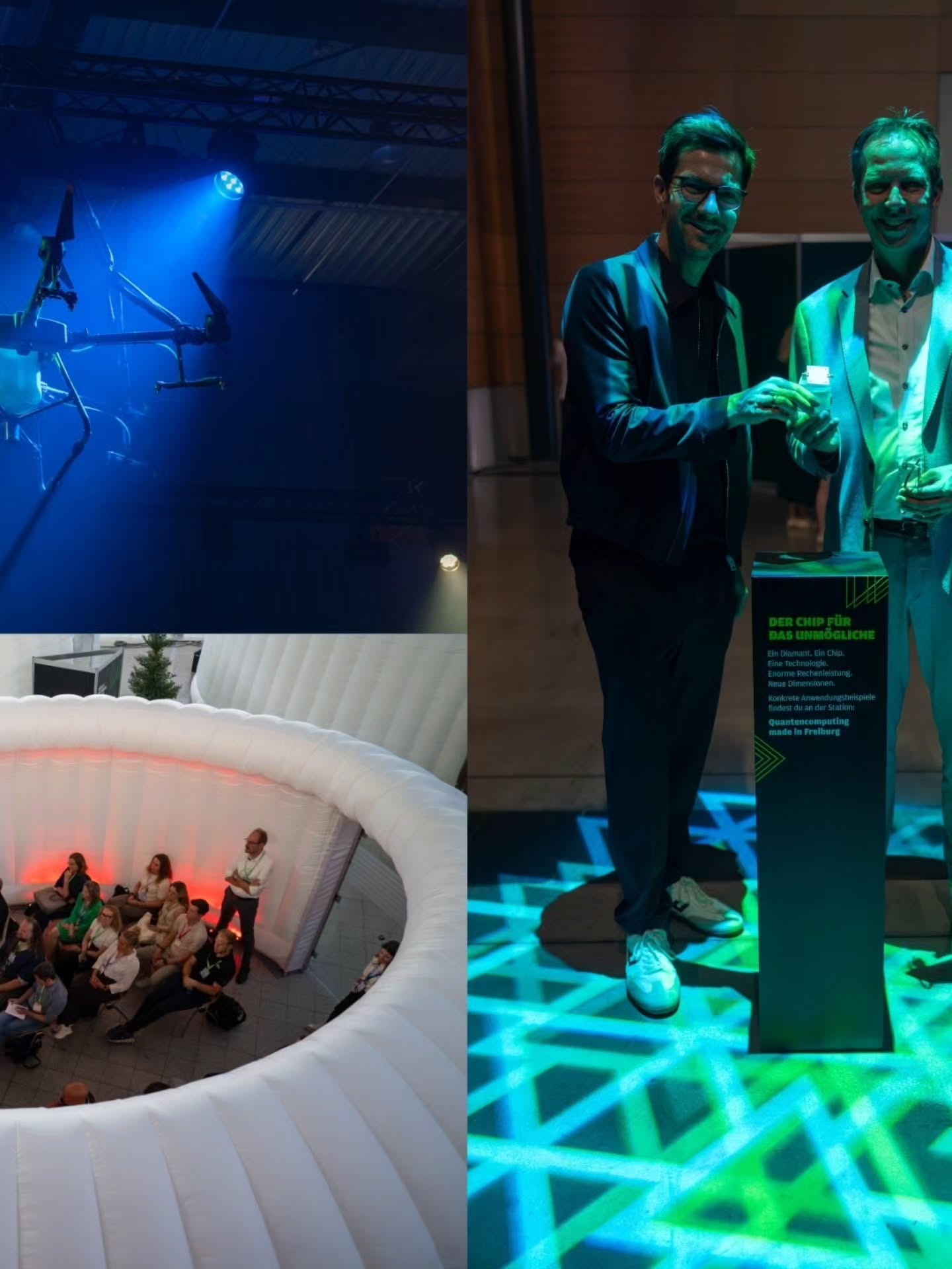 Collage aus drei Bildern: Oben links schwebt eine Drohne in blauem Licht. Unten links sitzen Personen in einer weißen, aufblasbaren Struktur. Rechts stehen zwei Personen neben einem Podest mit der Aufschrift „DER CHIP FÜR DAS UNMÖGLICHE“ und „Quantencomputing made in Freiburg“, während eine Person einen kleinen Gegenstand präsentiert. (KI-Alternativtext)