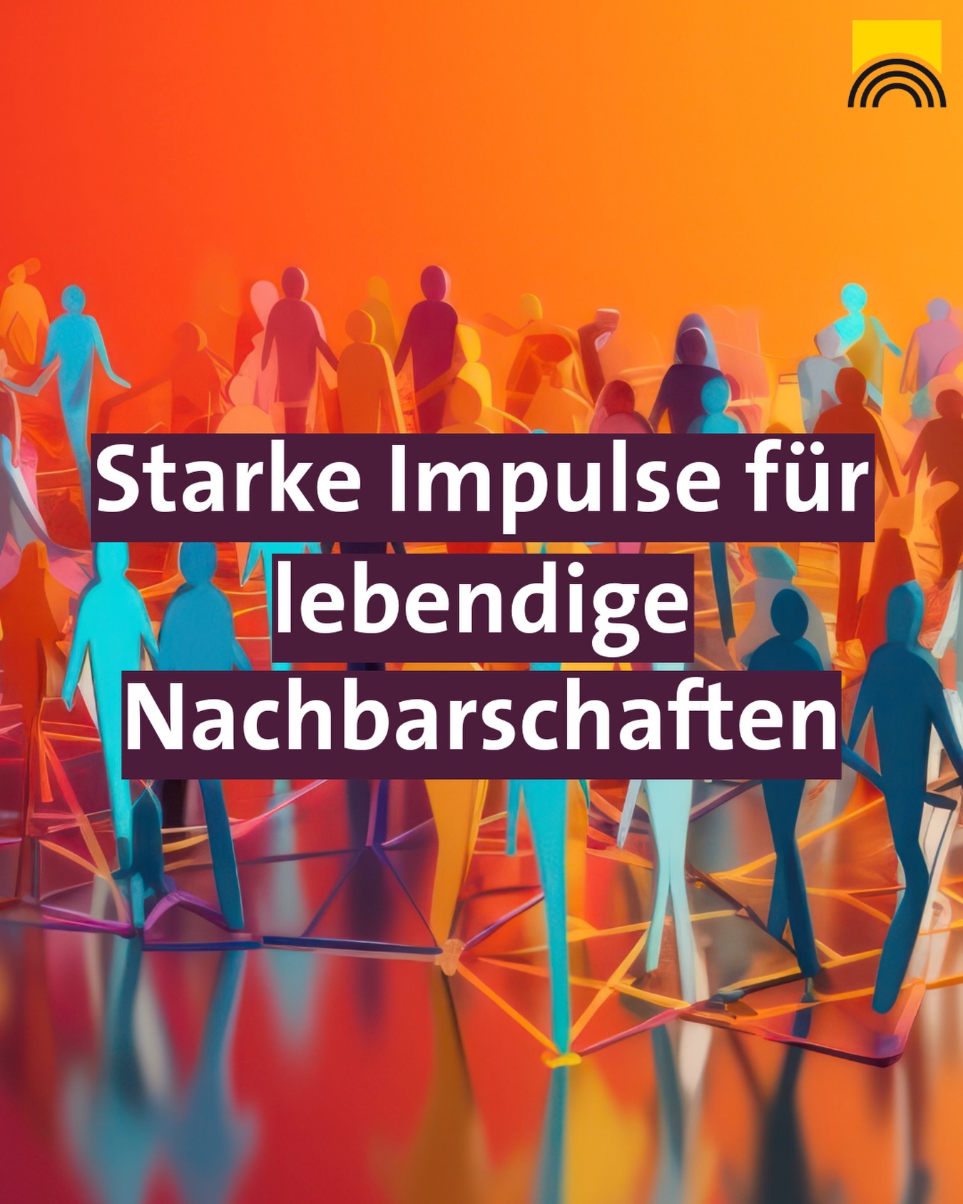 Dieser Alternativtext wurde KI-generiert: Abstraktes, farbenfrohes Bild mit verschwommenen Personen im Hintergrund und Text in blau und pinkfarbenen Feldern im Vordergrund. Das Bild ist digital gestaltet und verwendet lebendige Farben.