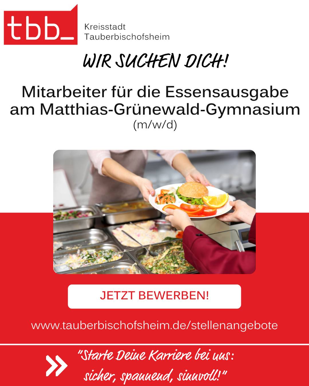 Dieser Alternativtext wurde KI-generiert: Ein farbiges Plakat bewirbt eine Stellenausschreibung für die Essensausgabe. Im unteren Bildbereich ist eine Theke mit verschiedenen Speisen zu sehen.