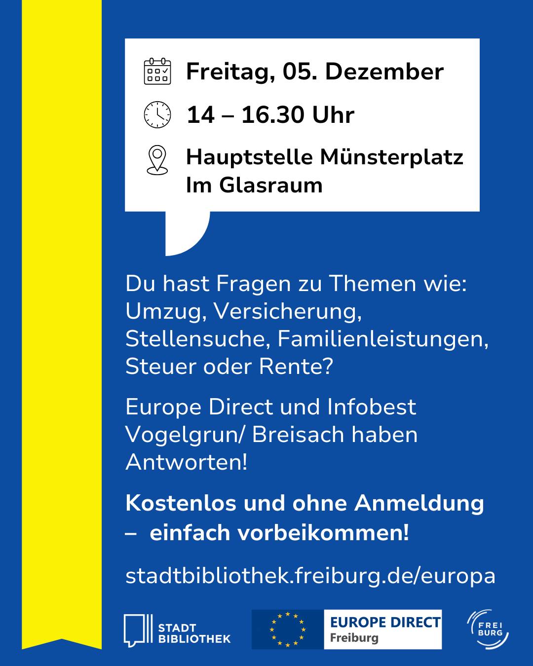 Dieser Alternativtext wurde KI-generiert: Ein blau-gelber Veranstaltungshinweis mit Textinformationen zu Beratungsangeboten. Unten sind Logos der Stadtbibliothek und Europe Direct zu sehen.