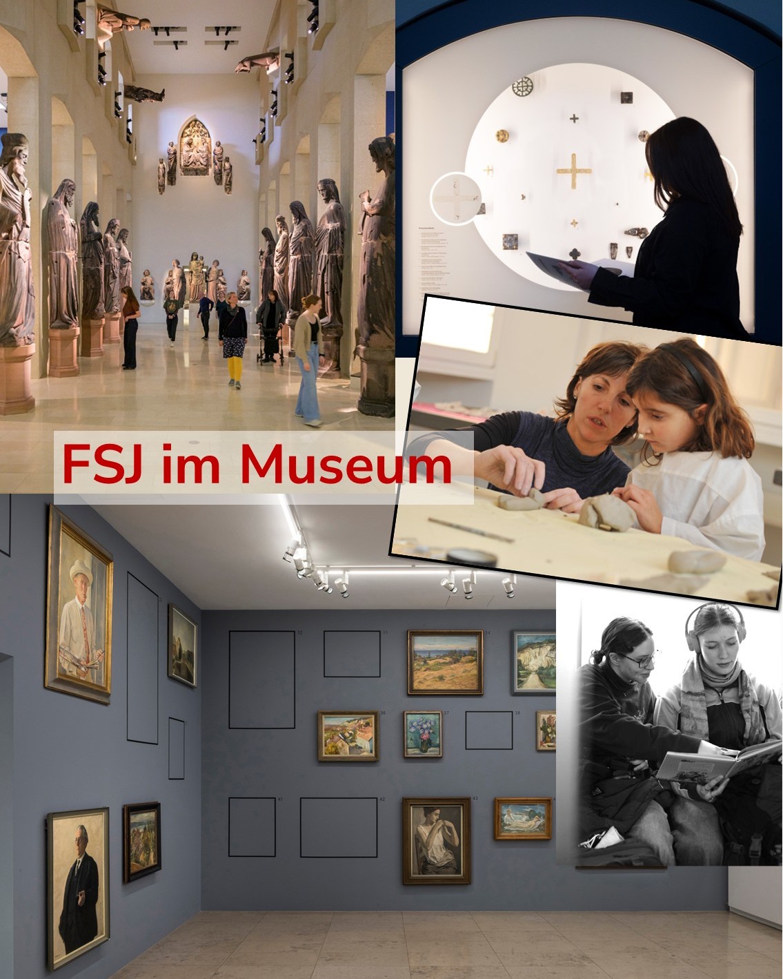 Dieser Alternativtext wurde KI-generiert: Eine Collage zeigt verschiedene Innenansichten von Museen und Personen, die sich Kunstwerke ansehen oder anscheinend daran arbeiten. Das Gesamtbild ist farbig und enthält Text in roter Schrift.