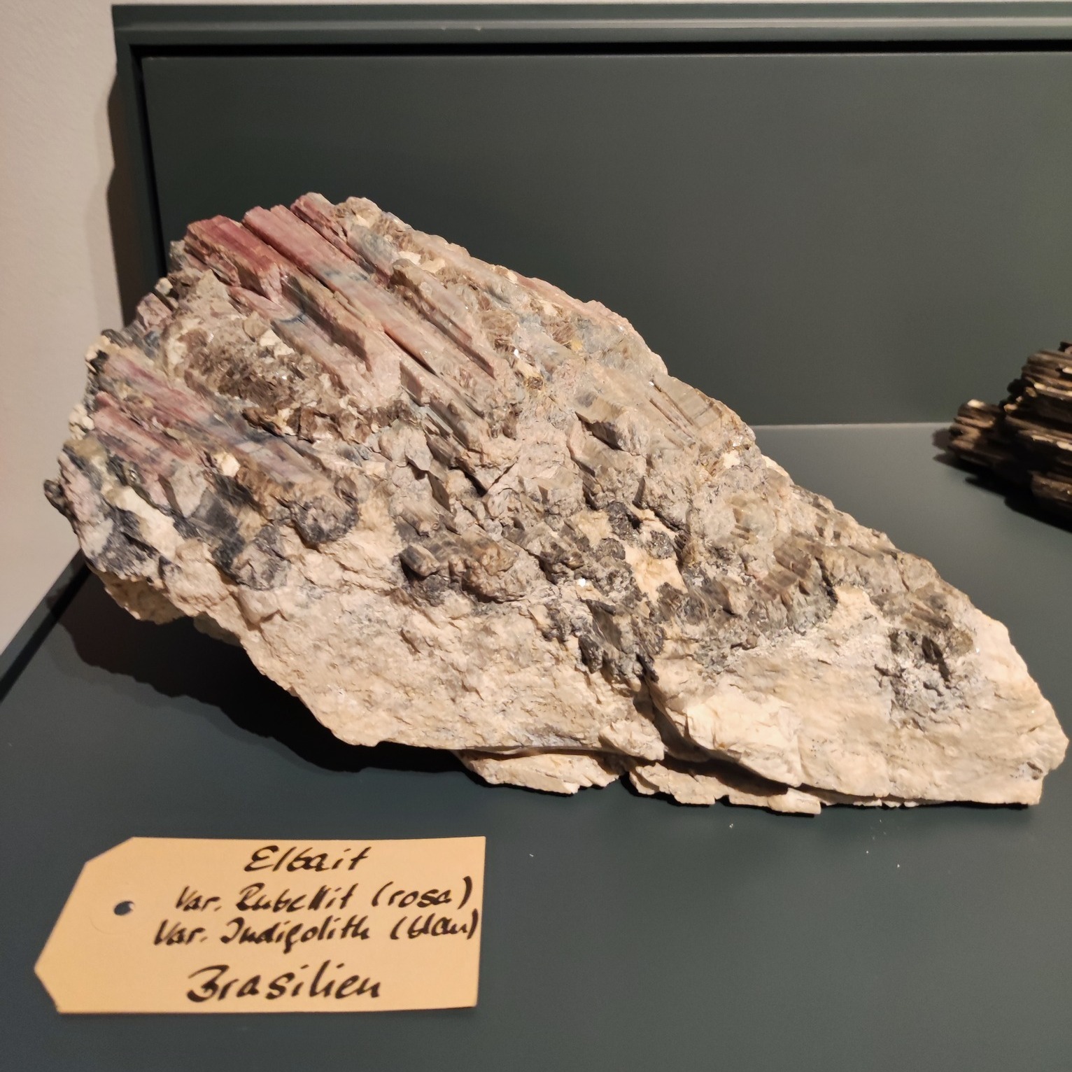 Dieser Alternativtext wurde KI-generiert: Ein geologisches Exponat, wahrscheinlich aus einer Ausstellung. Es zeigt ein Gestein mit rötlichen und weißen Schichten und einem beschrifteten Schild davor.