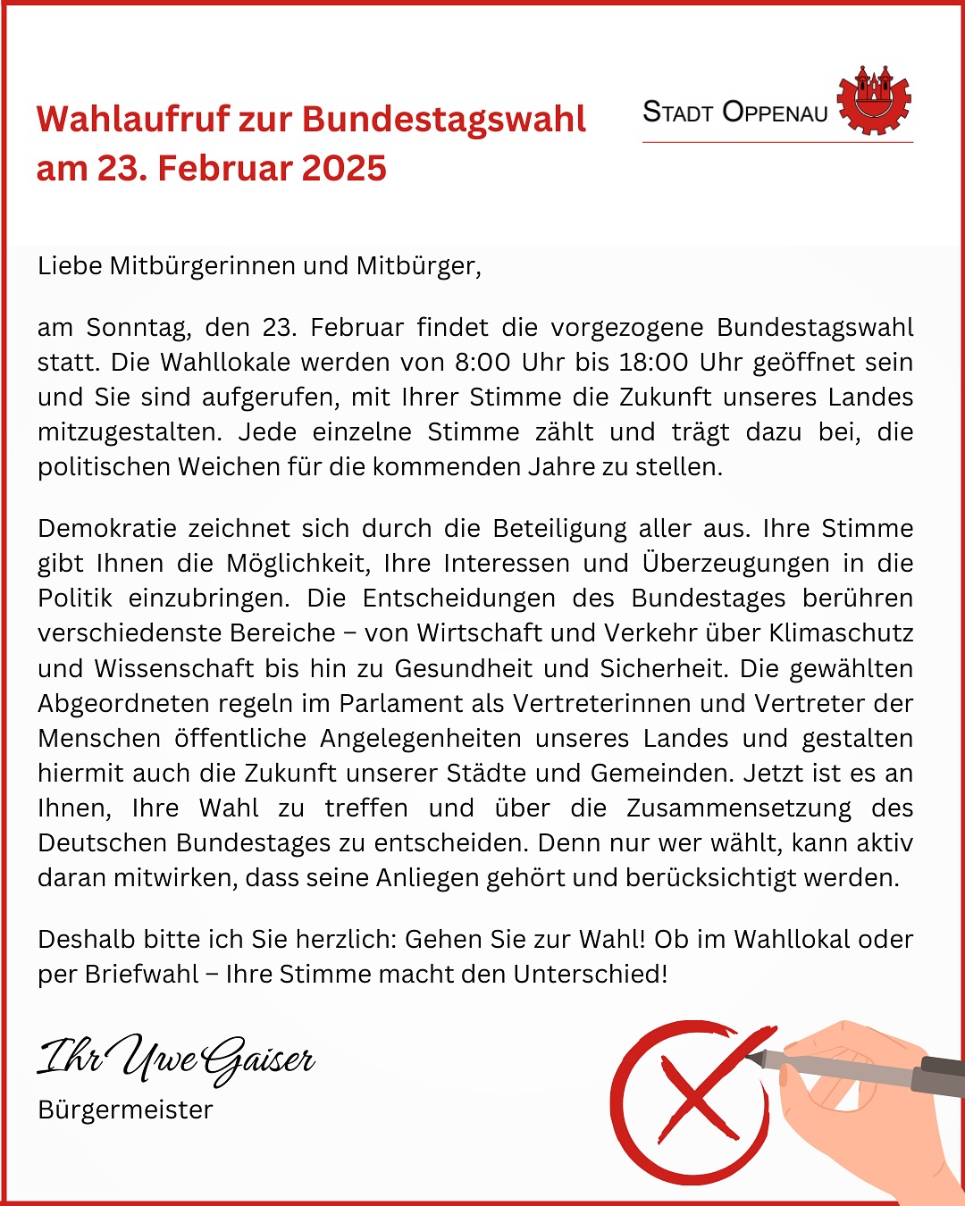 Wahlaufruf zur Bundestagswahl am 23. Februar 2025.  Die Bürger werden aufgefordert, von ihrem Wahlrecht Gebrauch zu machen.