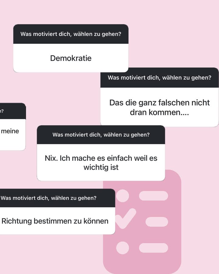 Dieser Alternativtext wurde KI-generiert: Mehrere Sprechblasen mit Textfragmenten und eine stilisierte Hand mit Checkmarken auf rosa Hintergrund sind zu sehen. Der Text behandelt die Motivation zur Wahl.