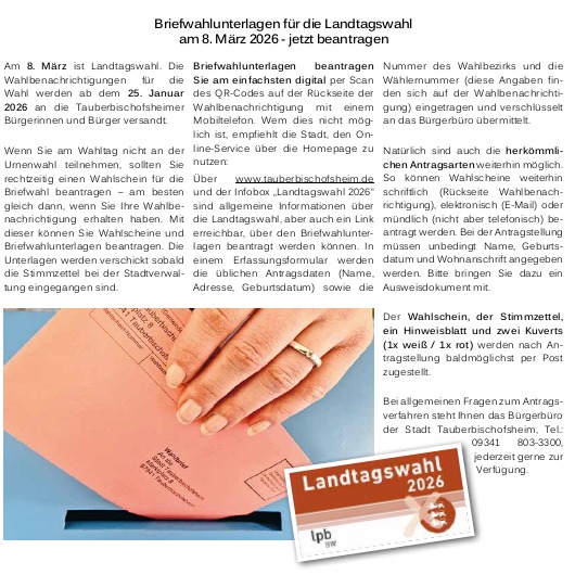 Dieser Alternativtext wurde KI-generiert: Schwarz-weißes Bild eines Informationsschreibens zur Briefwahl für eine Landtagswahl. Es zeigt Text und ein Foto von Wahlunterlagen mit einem roten Stempel.