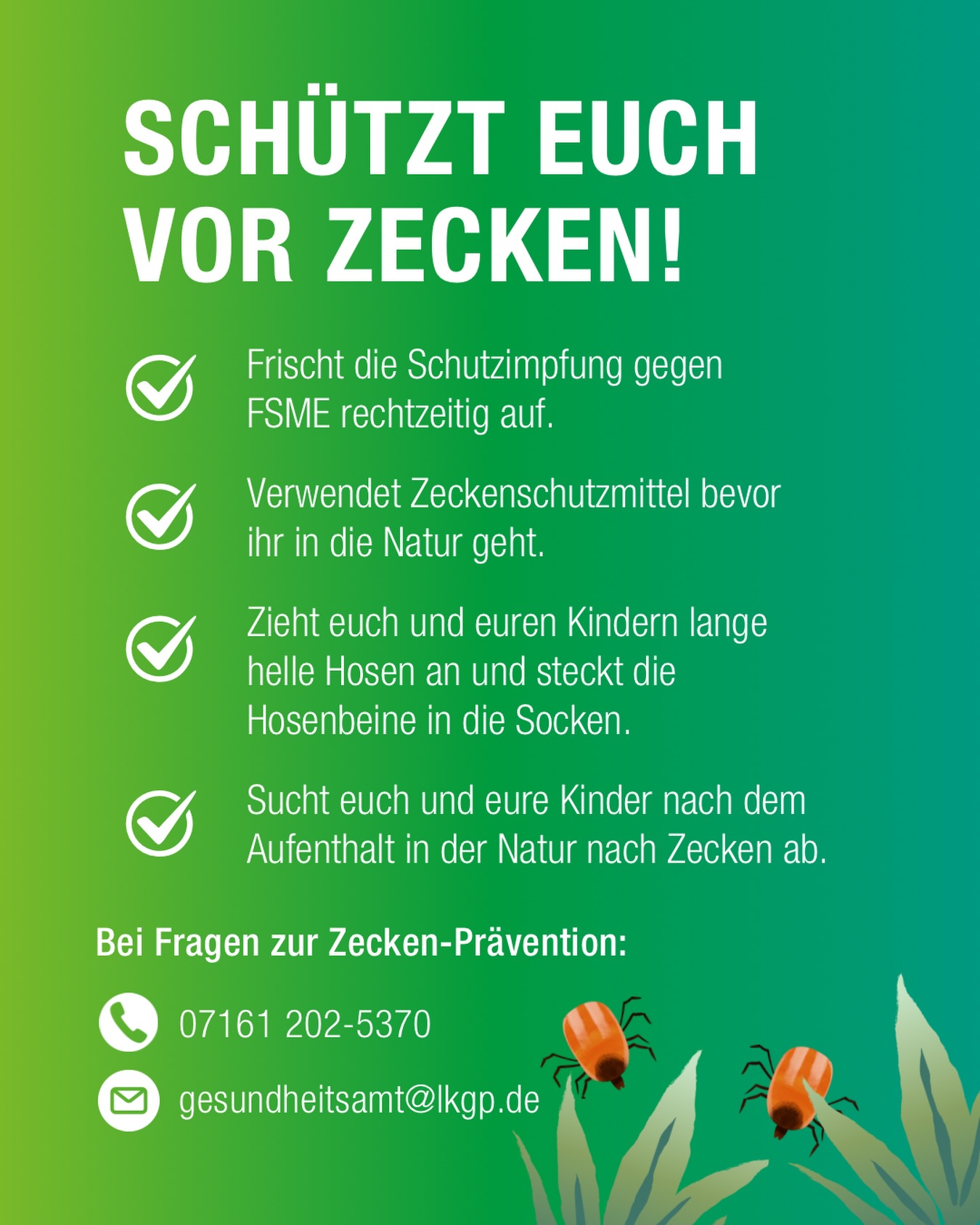 Dieser Alternativtext wurde KI-generiert: Ein farbenfrohes Plakat mit Informationen zum Schutz vor Zecken. Es enthält Tipps zur Prävention und Kontaktdaten für weitere Fragen.