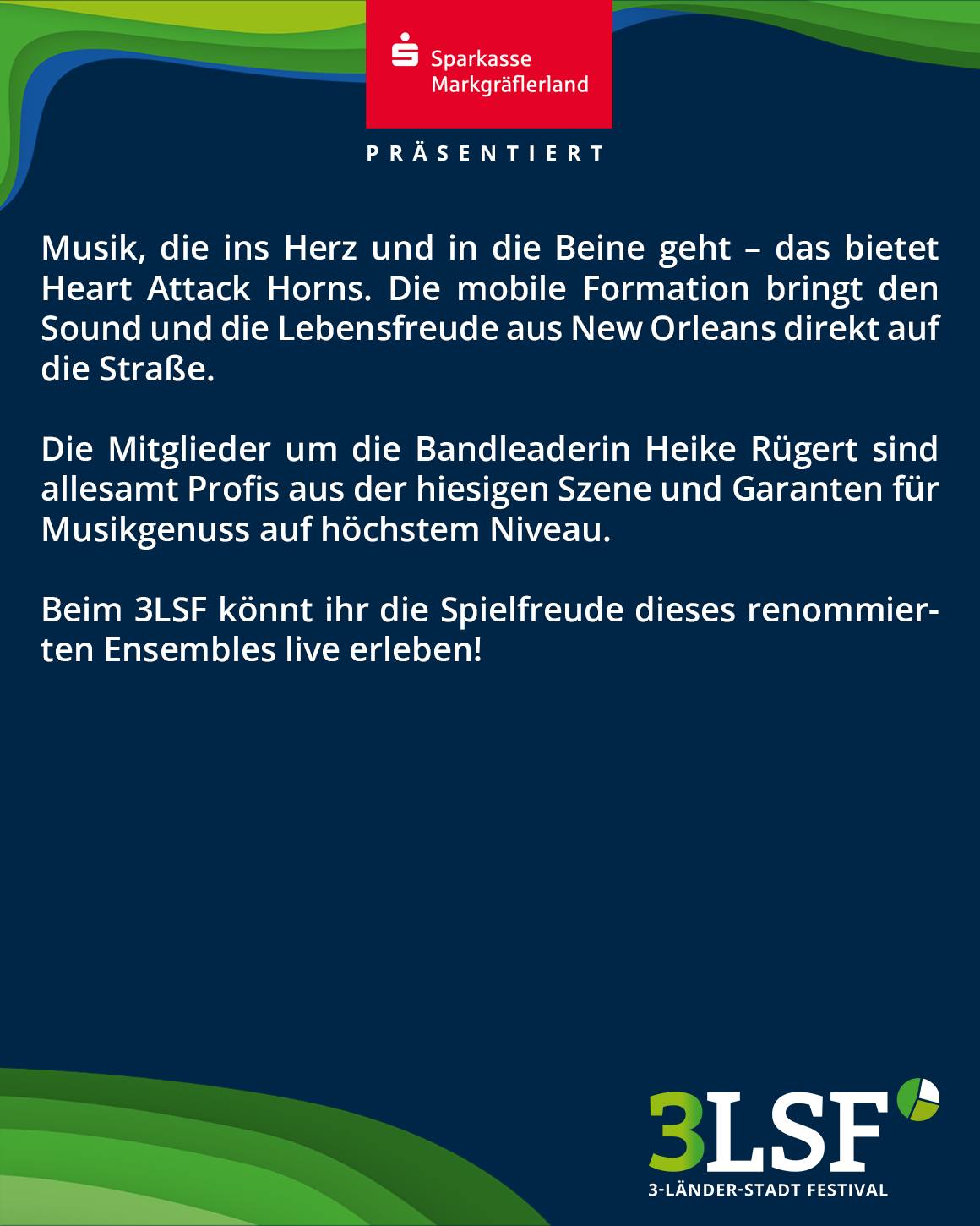 Dieser Alternativtext wurde KI-generiert: Werbeanzeige in Blau- und Rottönen mit weißem Text für ein Festival. Der Text bewirbt Live-Musik und eine mobile Formation, die den Sound von New Orleans bringt.