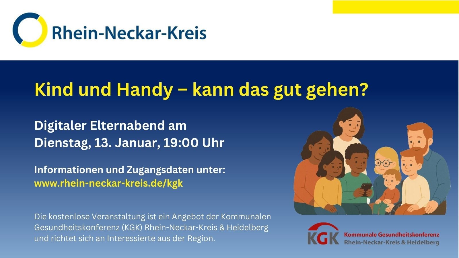 Dieser Alternativtext wurde KI-generiert: Ein blaues Bild mit Text und einer Illustration von mehreren Personen, die gemeinsam auf ein Mobiltelefon schauen. Es bewirbt eine digitale Veranstaltung zum Thema Kinder und Handynutzung.