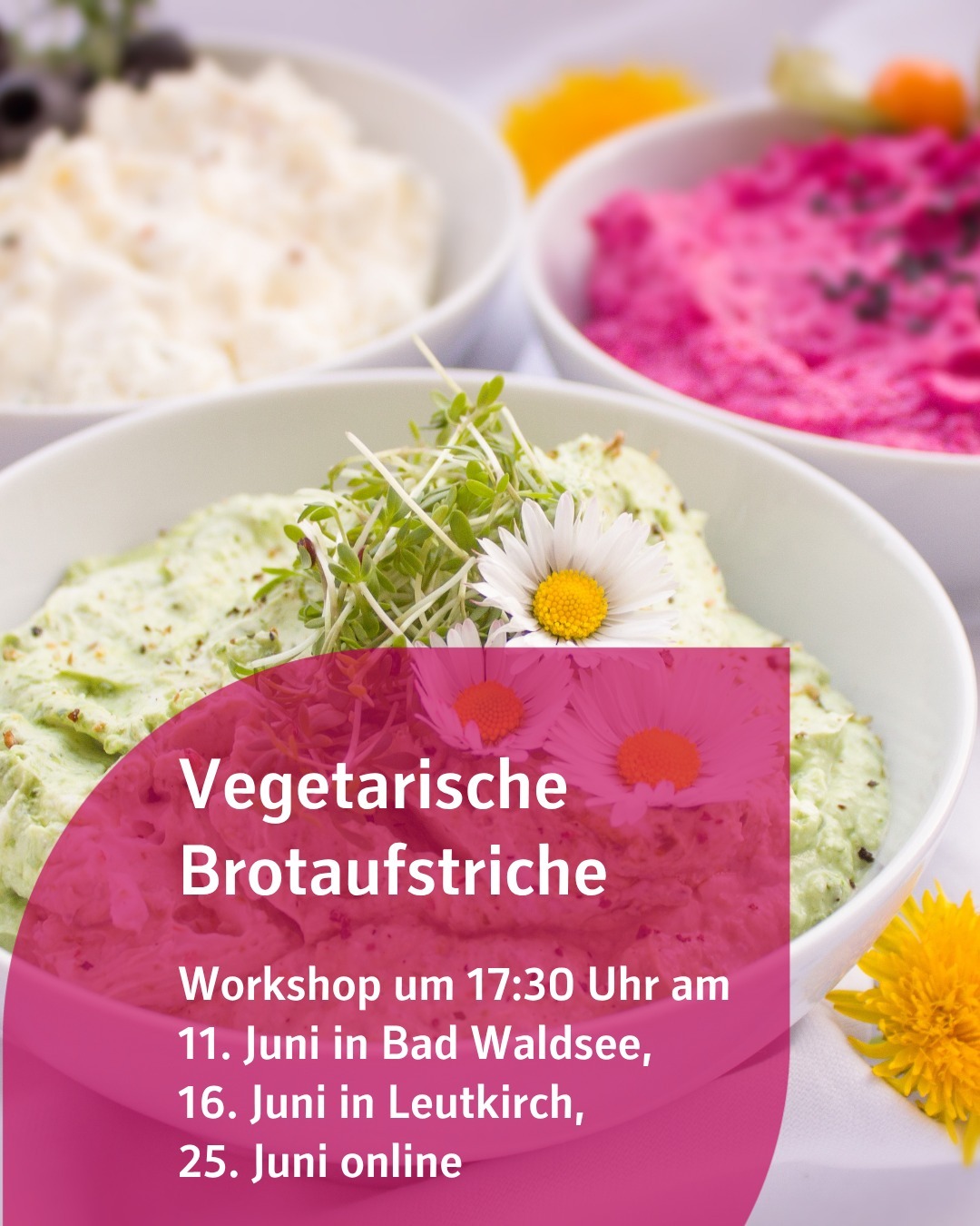 Zu sehen sind verschiedene Brotaufstriche. Bildtext: Vegetarische Brotaufstriche
Workshop um 17:30 Uhr am
11. Juni in Bad Waldsee,
16. Juni in Leutkirch,
25. Juni online