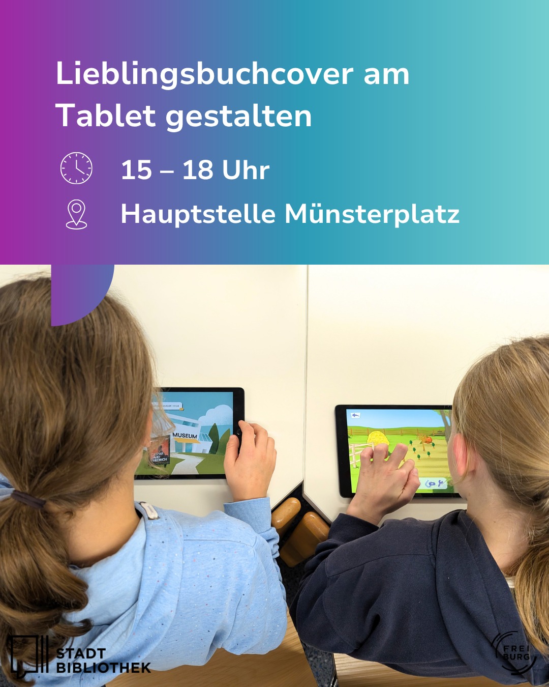 Dieser Alternativtext wurde KI-generiert: Ein digitales Gerät wird von zwei Personen gehalten, die ein Kinderbuch auf dem Bildschirm betrachten. Das Bild zeigt außerdem Informationen zu einer Veranstaltung der Stadtbibliothek.