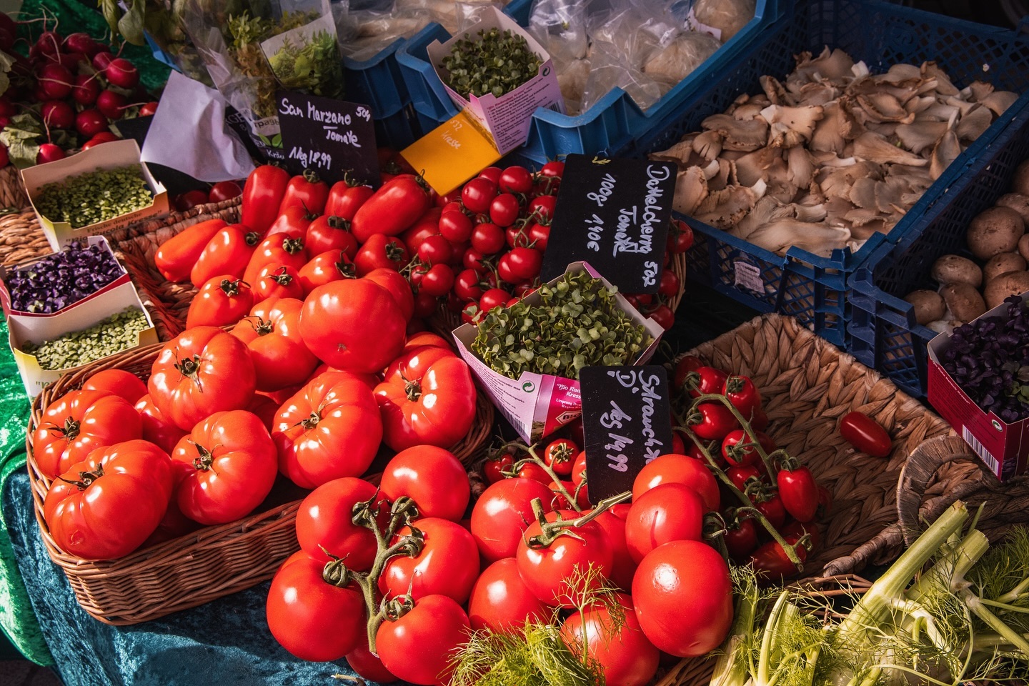 Ein Marktstand mit verschiedenen Gemüsesorten, darunter Tomaten, Pilze und Kräuter. Die Produkte sind in Körben und Kisten ausgestellt.
