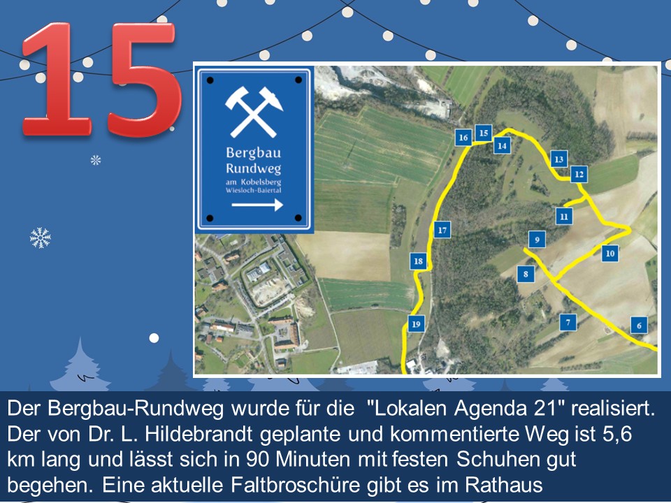 Dieser Alternativtext wurde KI-generiert: Schwarz-weißes Bild mit einer Wegstrecke auf einer Karte. Es zeigt ein Schild mit einem Bergwerkssymbol und Text, sowie eine Zahl und Dekorationen.