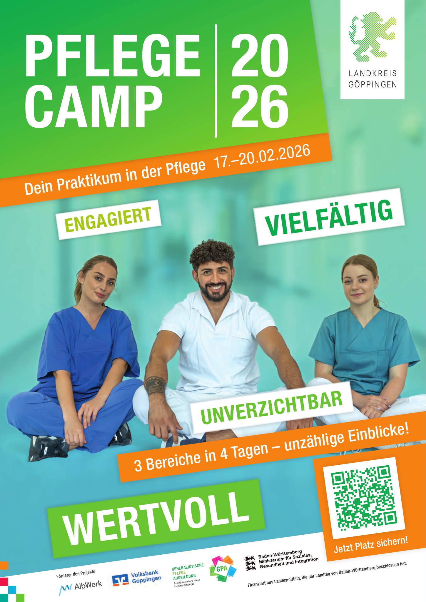 Dieser Alternativtext wurde KI-generiert: Ein farbenfrohes Plakat bewirbt ein Praktikum im Pflegebereich vom 17. bis 20. Februar 2026. Es zeigt verschiedene Menschen in medizinischer Kleidung und einen QR-Code für weitere Informationen.