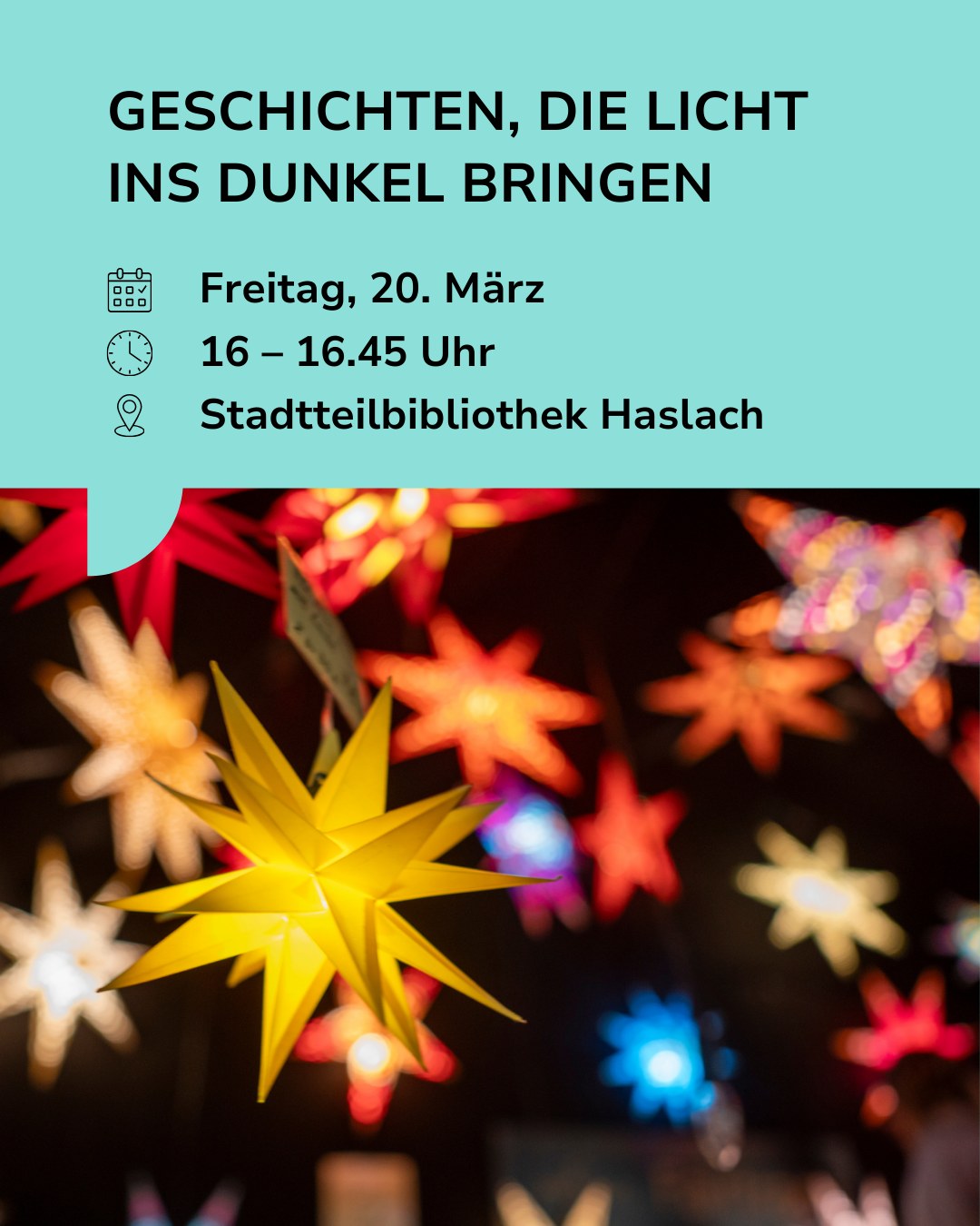 Dieser Alternativtext wurde KI-generiert: Ein Werbeflyer mit Informationen zu einer Veranstaltung. Im Hintergrund sind verschwommene, leuchtende Sterne zu sehen.