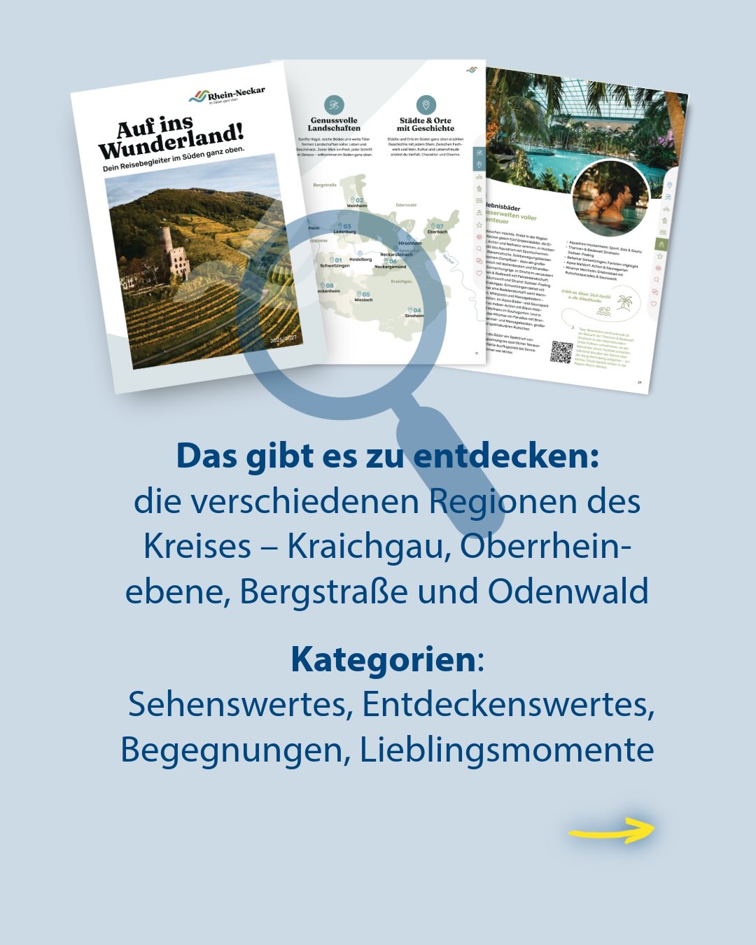 Dieser Alternativtext wurde KI-generiert: Eine offene Broschüre liegt auf einem Tisch. Die Broschüre zeigt eine Karte mit verschiedenen Orten und Text zu regionalen Sehenswürdigkeiten.