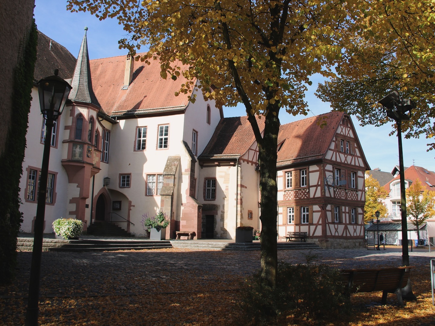 Ein malerischer Platz mit historischen Gebäuden und Bäumen im Herbstlaub. Die Gebäude zeigen verschiedene Architekturstile.
