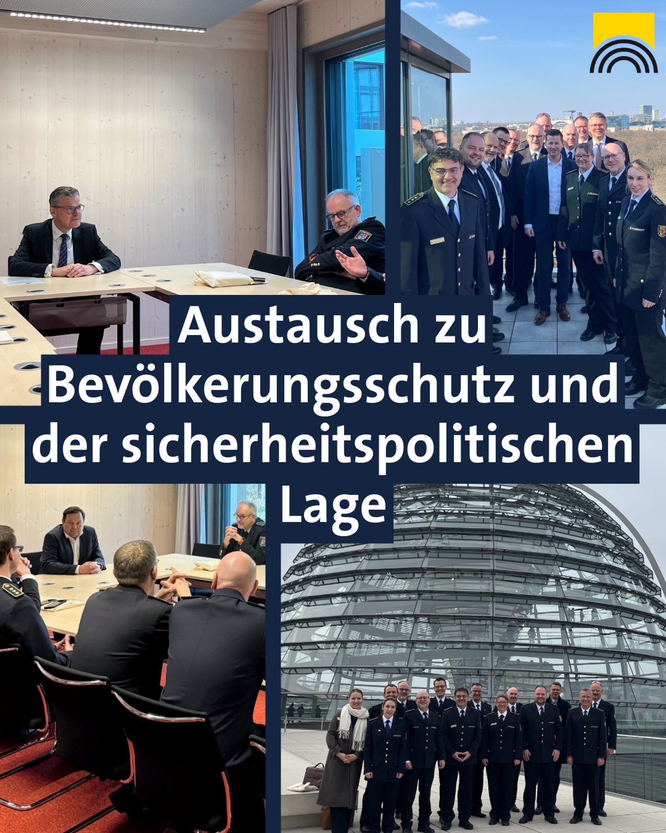 Dieser Alternativtext wurde KI-generiert: Eine Collage zeigt Menschen in formellen Kleidern bei Besprechungen in Innenräumen und im Freien. Im Hintergrund sind Gebäude und eine Stadtlandschaft zu sehen.