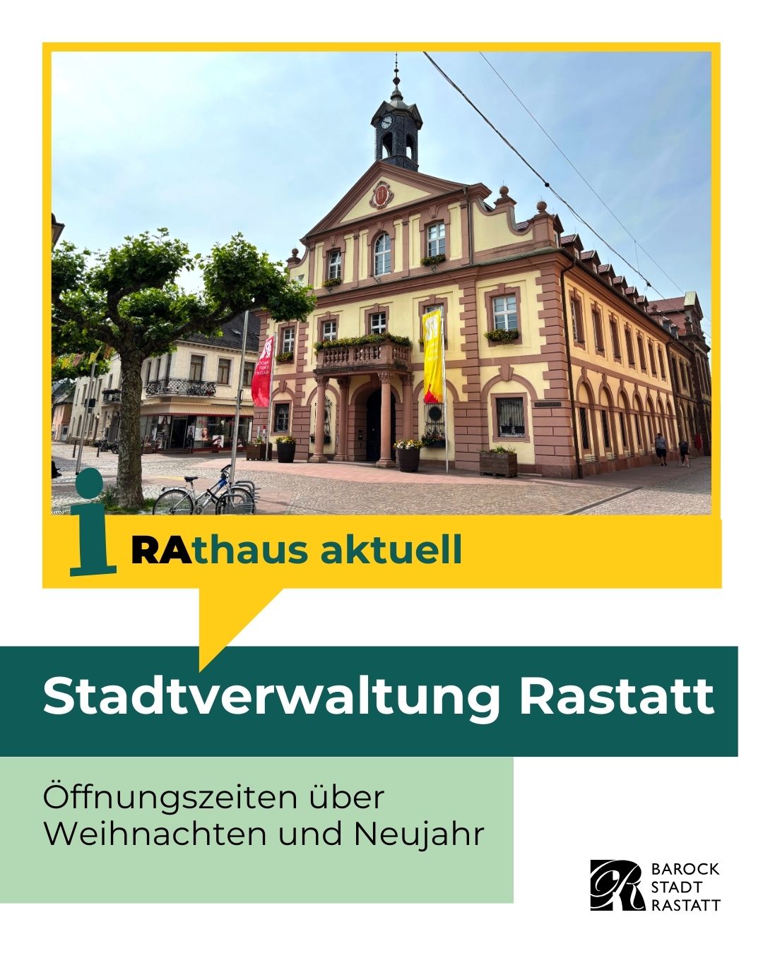 Dieser Alternativtext wurde KI-generiert: Ein farbiges Bild zeigt ein Gebäude mit einem markanten Turm und einer Uhr. Darunter befinden sich Textfelder mit Informationen zur Stadtverwaltung und zu Öffnungszeiten.
