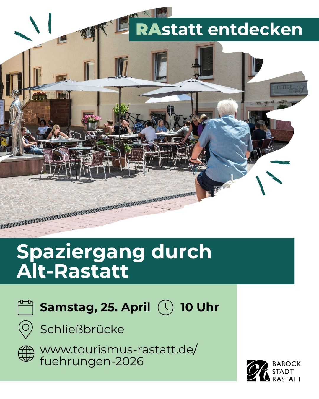 Dieser Alternativtext wurde KI-generiert: Ein farbenfrohes Plakat zeigt eine Straßenszene mit Sitzgelegenheiten und Menschen im Hintergrund. Es bewirbt einen Spaziergang durch Alt-Rastatt am 25. April.