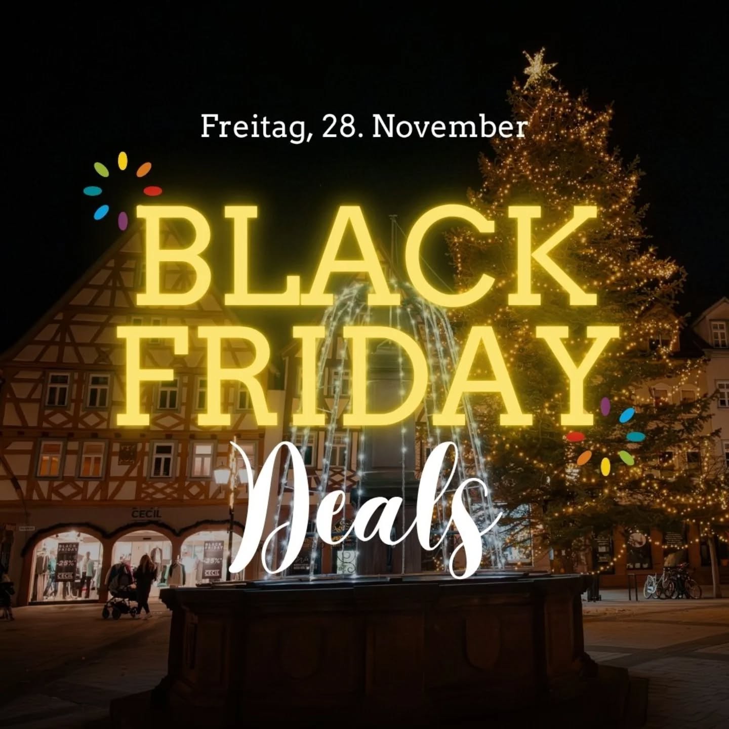 Dieser Alternativtext wurde KI-generiert: Ein Bild mit dem Text "BLACK FRIDAY Deals" vor einer verschwommenen nächtlichen Straßenszene mit beleuchtetem Weihnachtsbaum. Das Bild ist dunkel gehalten und hat einen farbigen Lichteffekt.