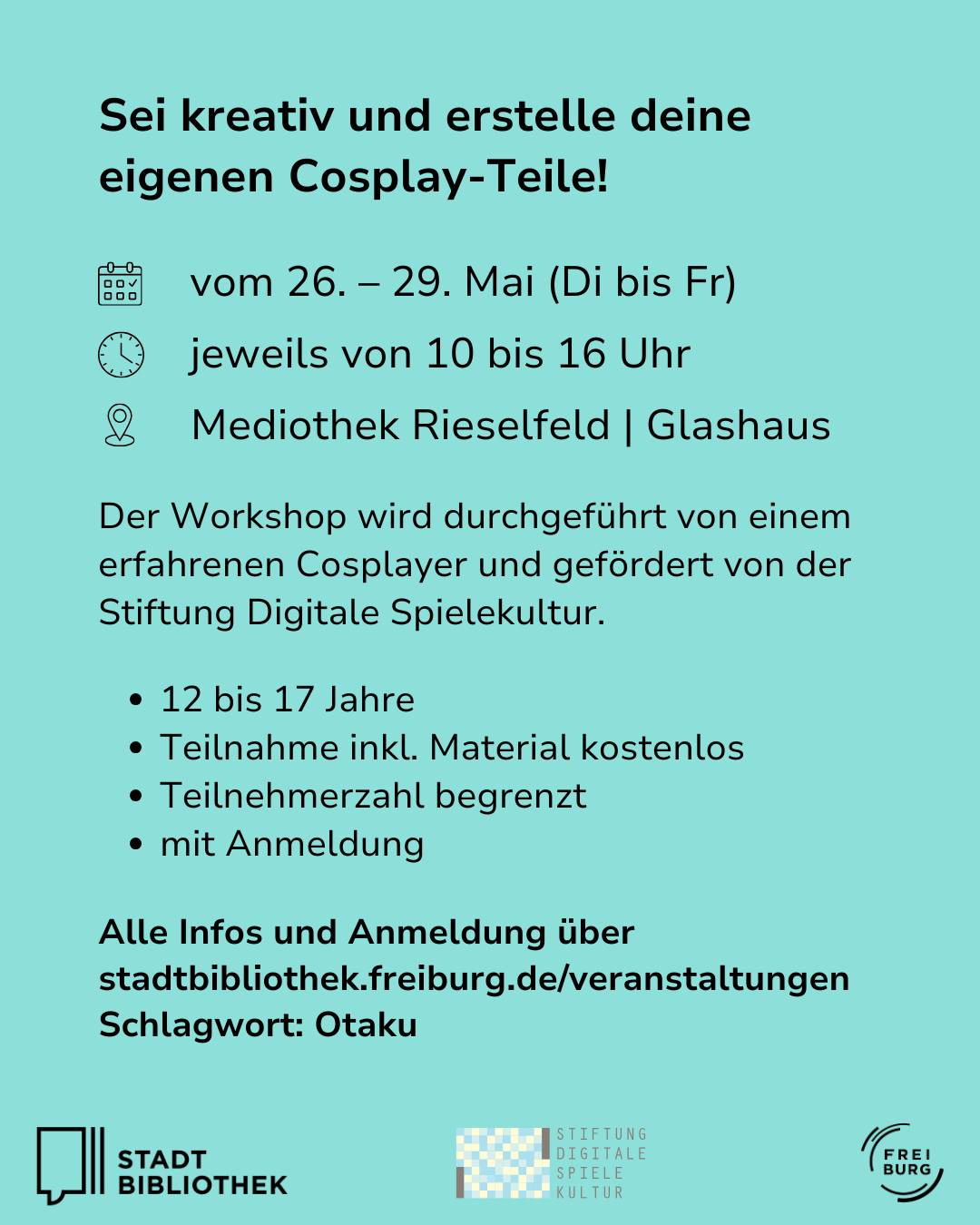 Dieser Alternativtext wurde KI-generiert: Ein Werbeflyer für einen Cosplay-Workshop für Jugendliche. Auf dem Flyer stehen Informationen zu Datum, Uhrzeit, Ort und Anmeldung.