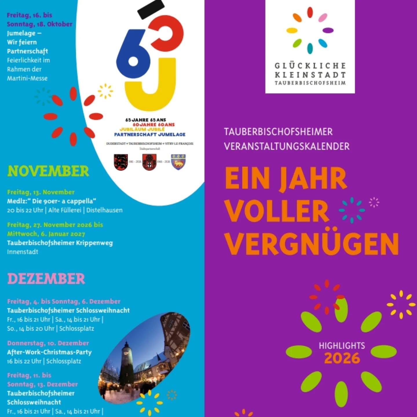 Dieser Alternativtext wurde KI-generiert: Ein farbenfrohes Plakat kündigt Veranstaltungen für die kommenden Monate an. Es enthält Text und grafische Elemente wie bunte Punkte und Illustrationen.