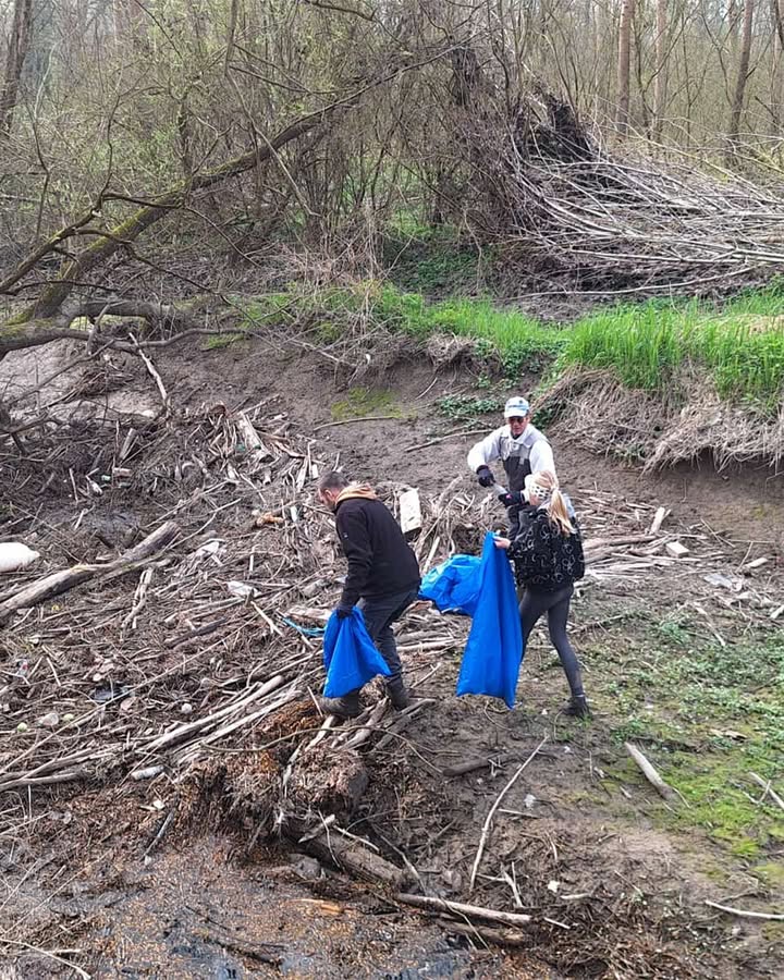 Dieser Alternativtext wurde KI-generiert: Mehrere Personen sammeln Müll an einem Flussufer auf. Im Vordergrund sind Äste und grüne Vegetation zu sehen.