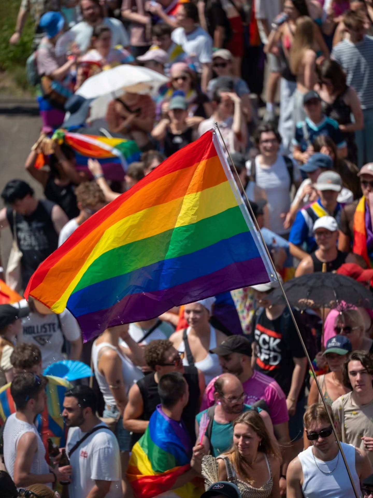 Eine große Menschenmenge bei einer Demonstration oder Parade, im Vordergrund eine wehende Regenbogenflagge. Viele Teilnehmer tragen ebenfalls Regenbogenfarben oder halten Flaggen. (KI-Alternativtext)