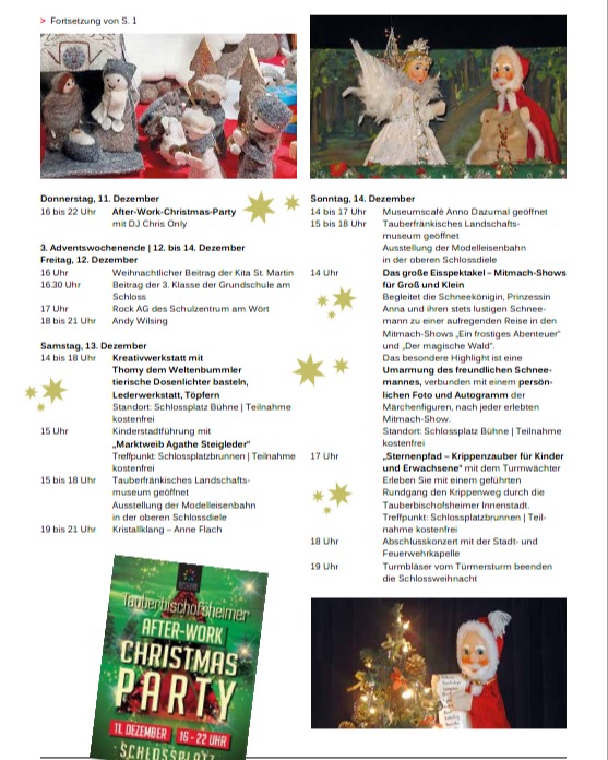 Dieser Alternativtext wurde KI-generiert: Schwarz-Weiß-Werbeflyer mit einer Übersicht über Weihnachtsveranstaltungen und Öffnungszeiten verschiedener Einrichtungen. Zarte Schneeflocken-Muster zieren das Layout.