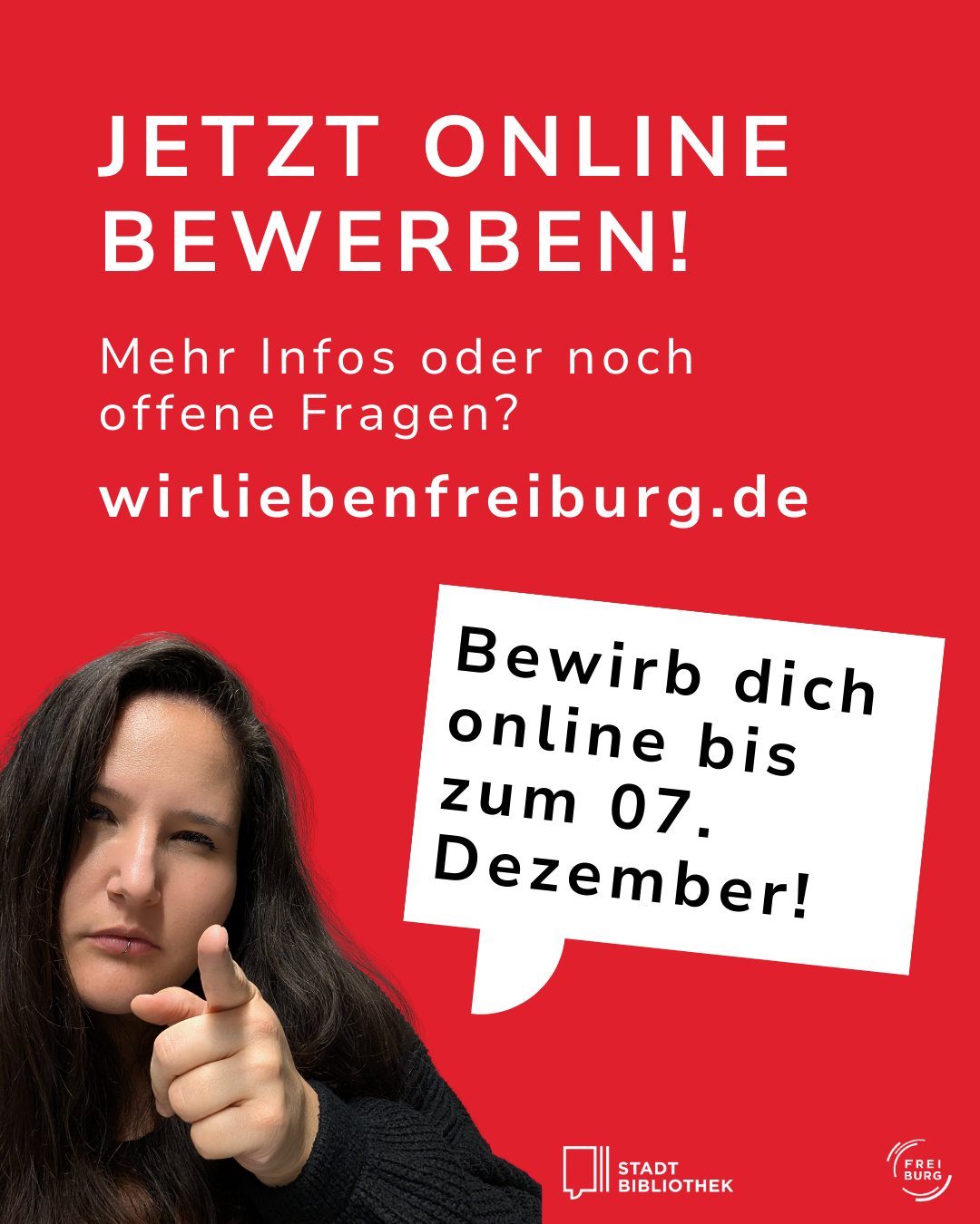 Dieser Alternativtext wurde KI-generiert: Ein farbenfrohes Plakat wirbt für Online-Bewerbungen. Es zeigt eine Person und enthält eine Website-Adresse sowie einen Bewerbungsschluss.