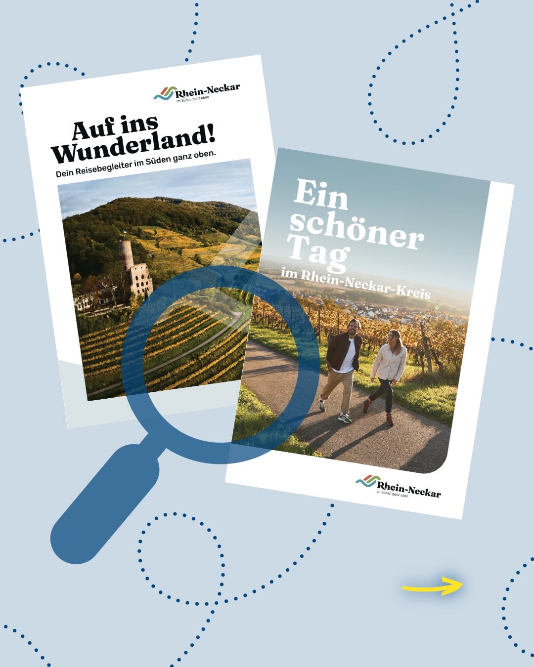 Dieser Alternativtext wurde KI-generiert: Farbfoto, das eine Broschüre zeigt. Die Broschüre enthält Bilder von einer Landschaft und Personen beim Wandern.