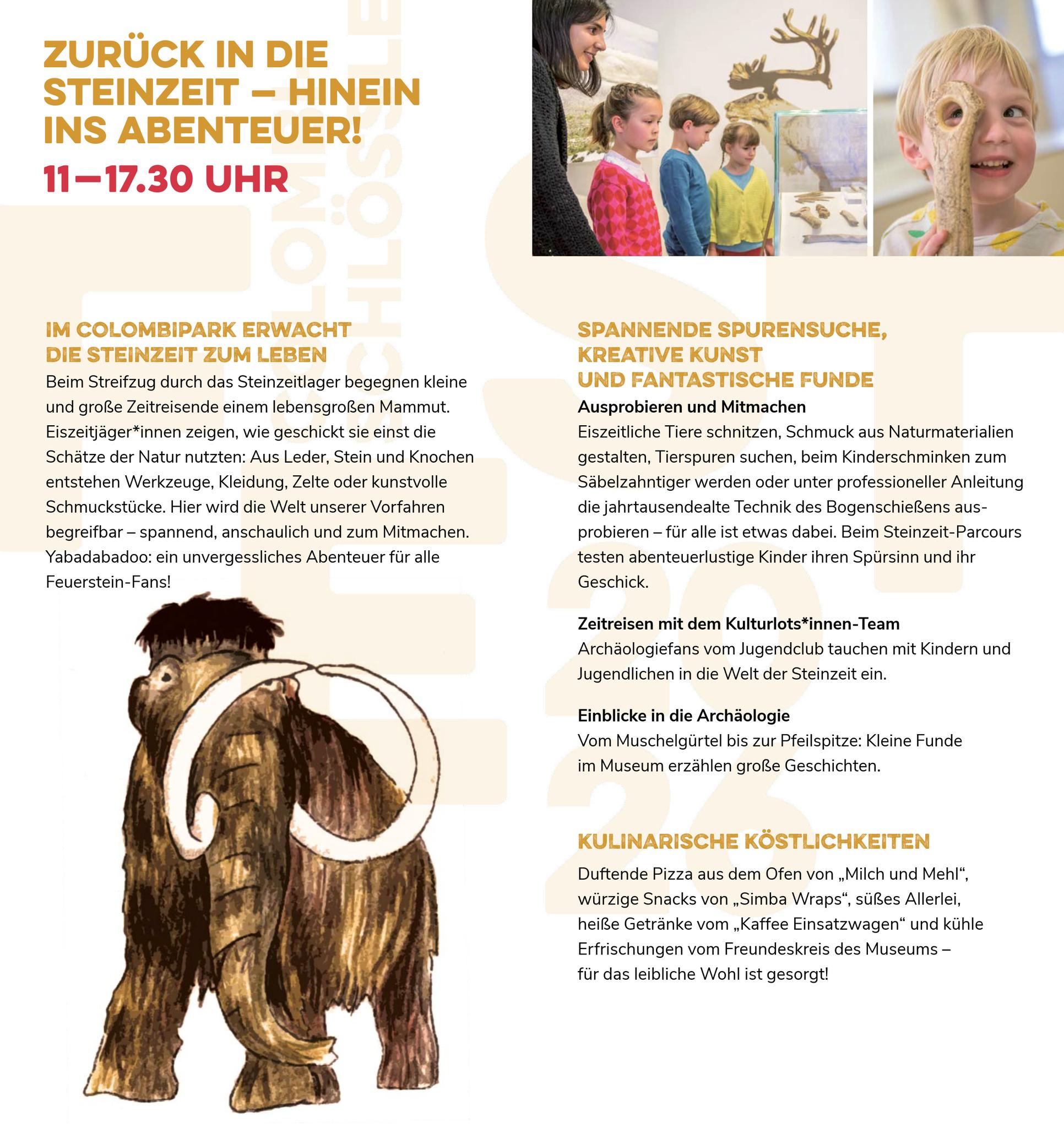 Dieser Alternativtext wurde KI-generiert: Schwarz-weißes Werbeplakat für eine Steinzeit-Veranstaltung mit Informationen zu Aktivitäten, Speisen und Spielmöglichkeiten. Das Plakat enthält Illustrationen von Tieren und Werkzeugen aus Stein.