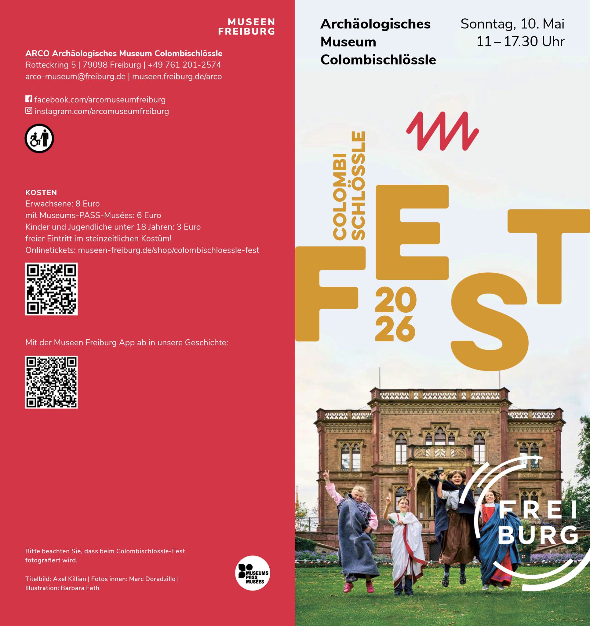 Dieser Alternativtext wurde KI-generiert: Ein Werbeflyer für eine Festveranstaltung mit dem Titel „Freiburg 2026“. Im Hintergrund ist ein Foto eines Gebäudes mit Zuschauern zu sehen, das Bild ist in Farbe.