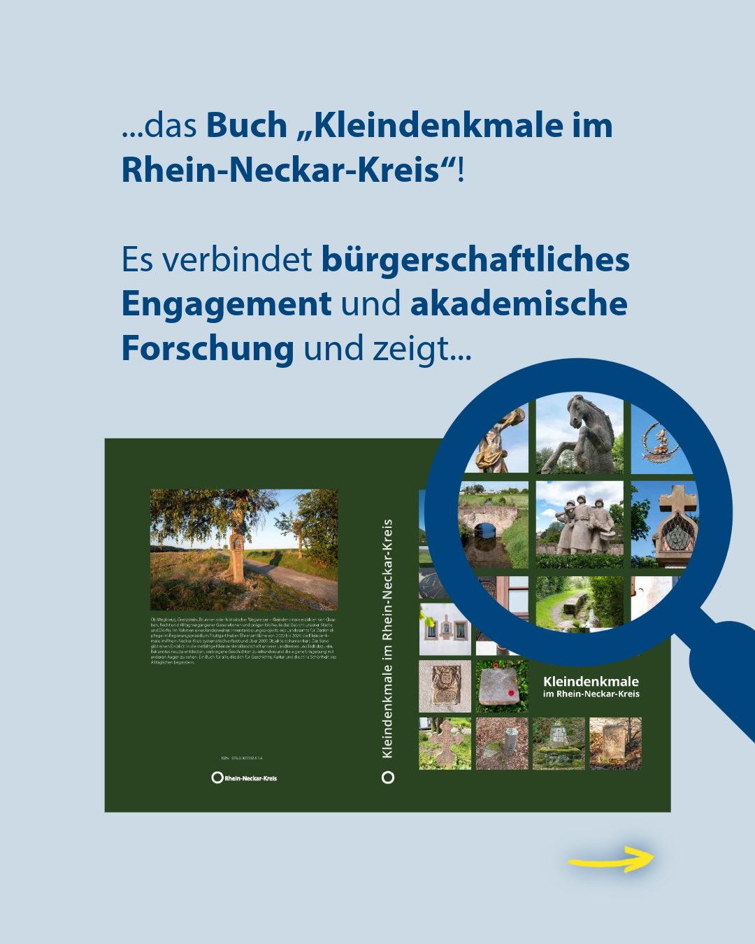 Der Text „...das Buch ‚Kleindenkmale im Rhein-Neckar-Kreis‘! Es verbindet bürgerschaftliches Engagement und akademische Forschung und zeigt...“ steht über einem grünen Buchcover. Ein blaues Lupe-Symbol vergrößert ein Raster aus neun Fotos verschiedener Kleindenkmäler auf dem Cover. Unten rechts weist ein gelber Pfeil nach rechts. (KI-Alternativtext)