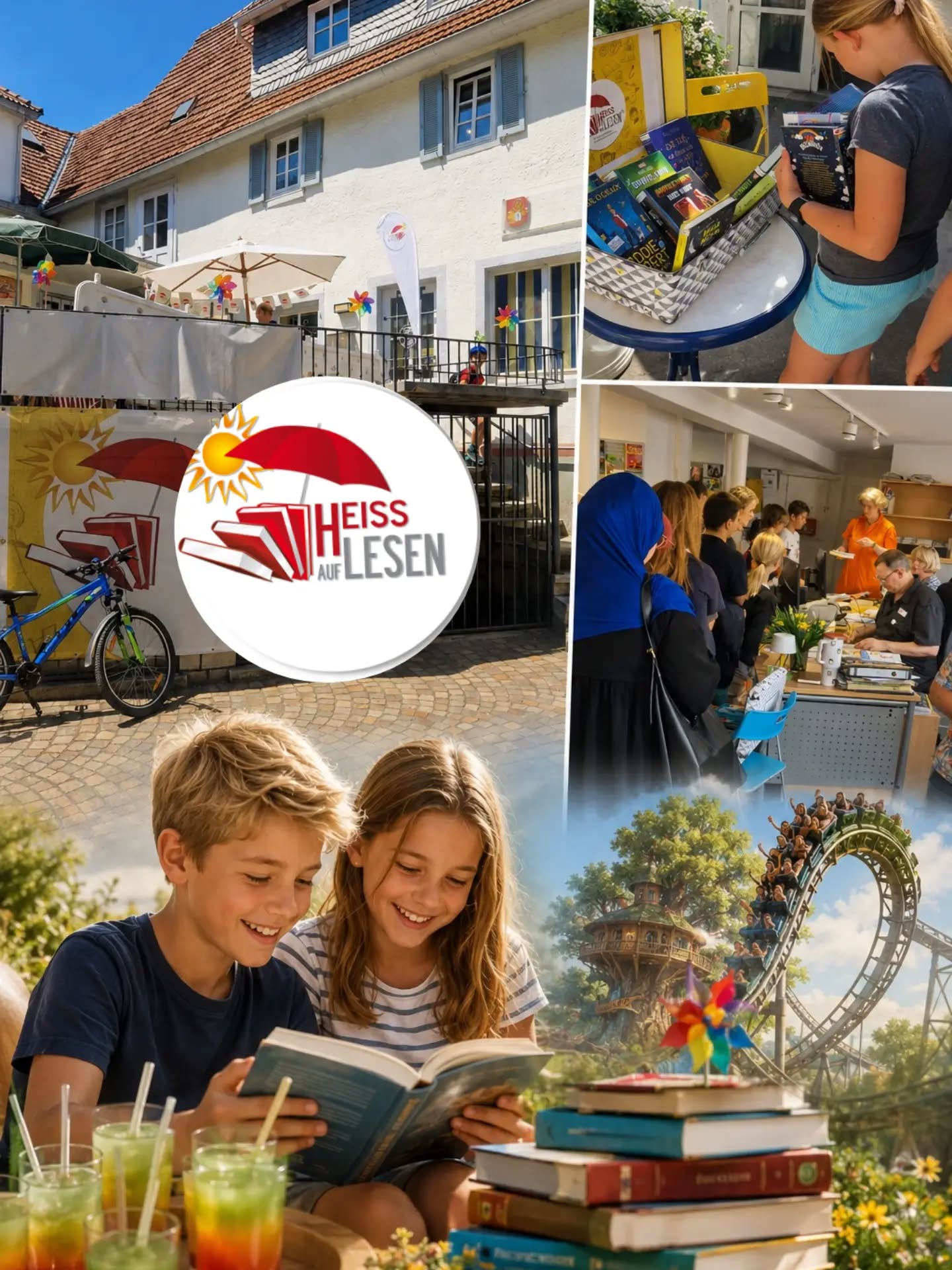Eine Collage mit dem zentralen Logo "Heiss auf Lesen" zeigt verschiedene Szenen rund ums Buch. Oben links ist ein Gebäude mit Terrasse, oben rechts liest eine Person Bücher. Rechts stehen Menschen in einer Schlange, unten links lesen zwei Kinder gemeinsam ein Buch. Unten rechts liegt ein Bücherstapel vor einer Achterbahn. (KI-Alternativtext)