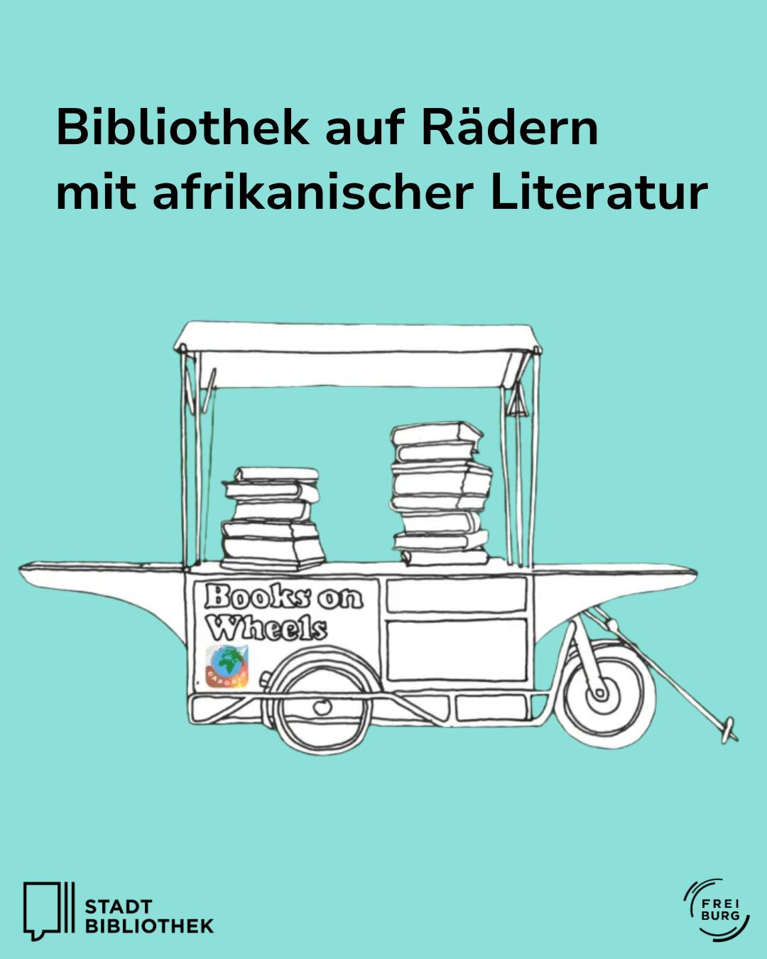 Dieser Alternativtext wurde KI-generiert: Schwarz-weiß Illustration eines Buchwagens mit Büchern. Der Wagen trägt den Schriftzug „Books on Wheels“ und ist mit einem Logo versehen.
