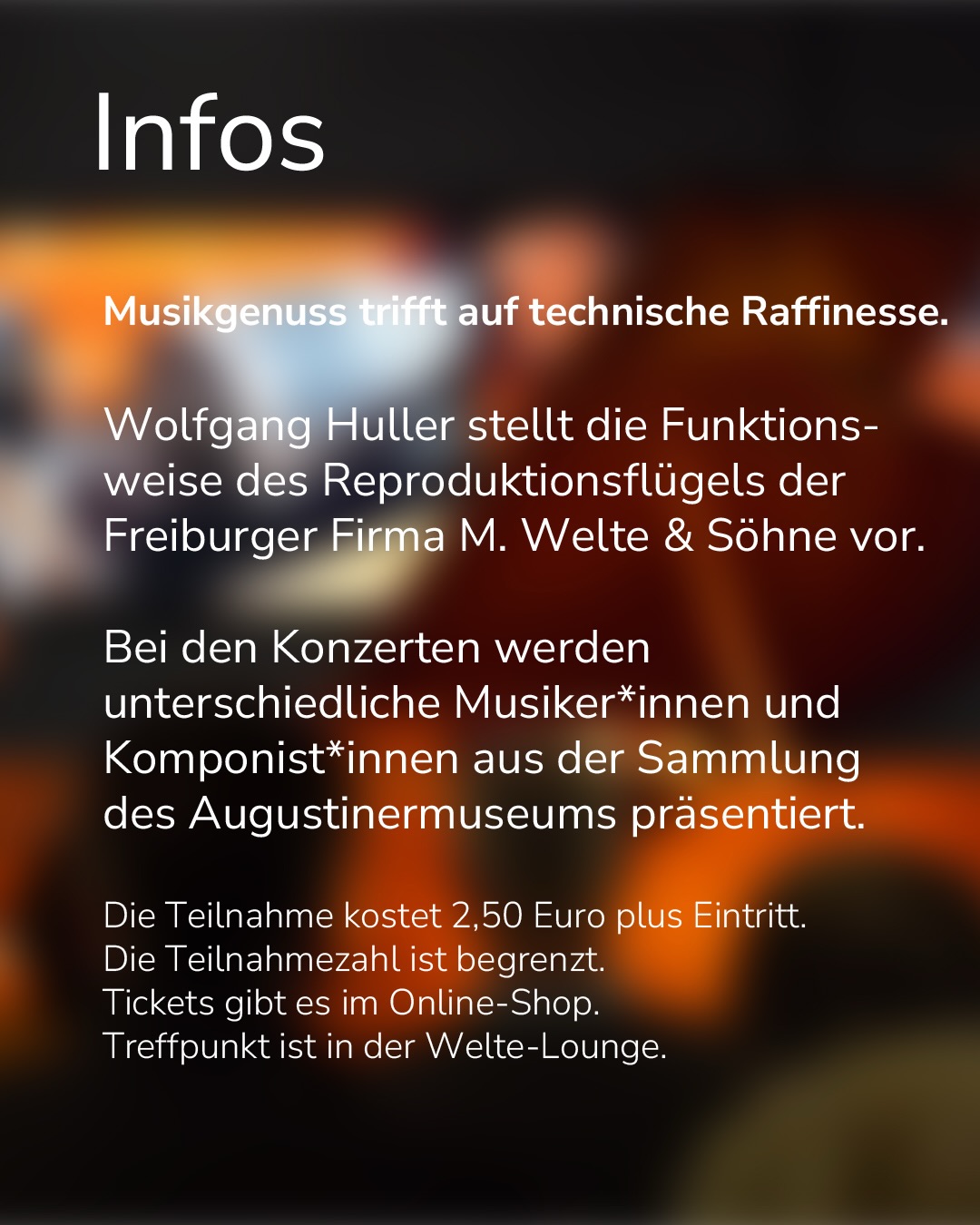 Dieser Alternativtext wurde KI-generiert: Schwarz-weißes Bild mit Text. Es enthält Informationen über ein Konzert mit verschiedenen Musiker*innen und Komponist*innen im Augustinermuseum.