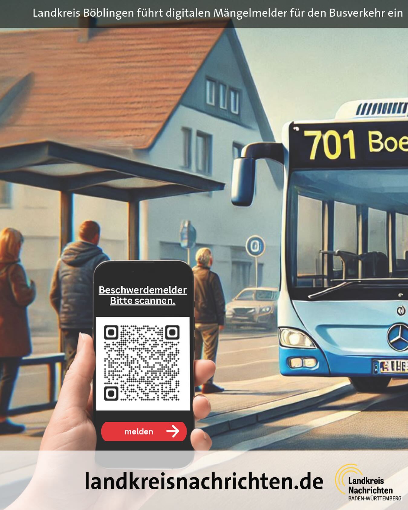 Dieser Alternativtext wurde KI-generiert: Ein Bus steht an einer Haltestelle, wo eine Person mit ausgestreckter Hand ein Smartphone mit einem QR-Code vorhält. Im Hintergrund sind weitere Personen und Fahrzeuge zu sehen.
