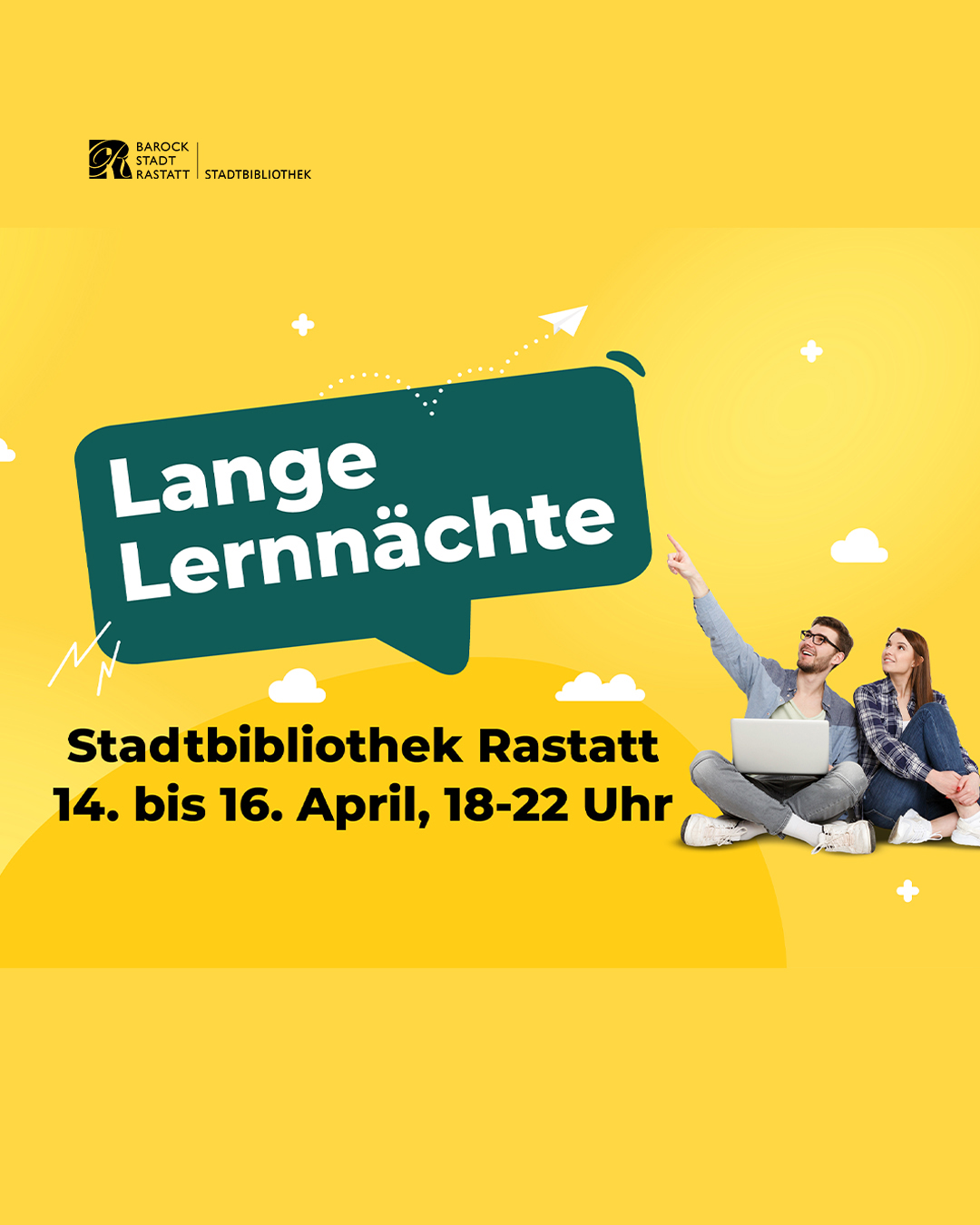 Dieser Alternativtext wurde KI-generiert: Ein farbenfrohes Plakat kündigt eine Veranstaltung mit dem Titel "Lange Lernnächte" an. Zwei Personen sind darauf zu sehen, die in Richtung eines grünen Hinweisschilds zeigen.