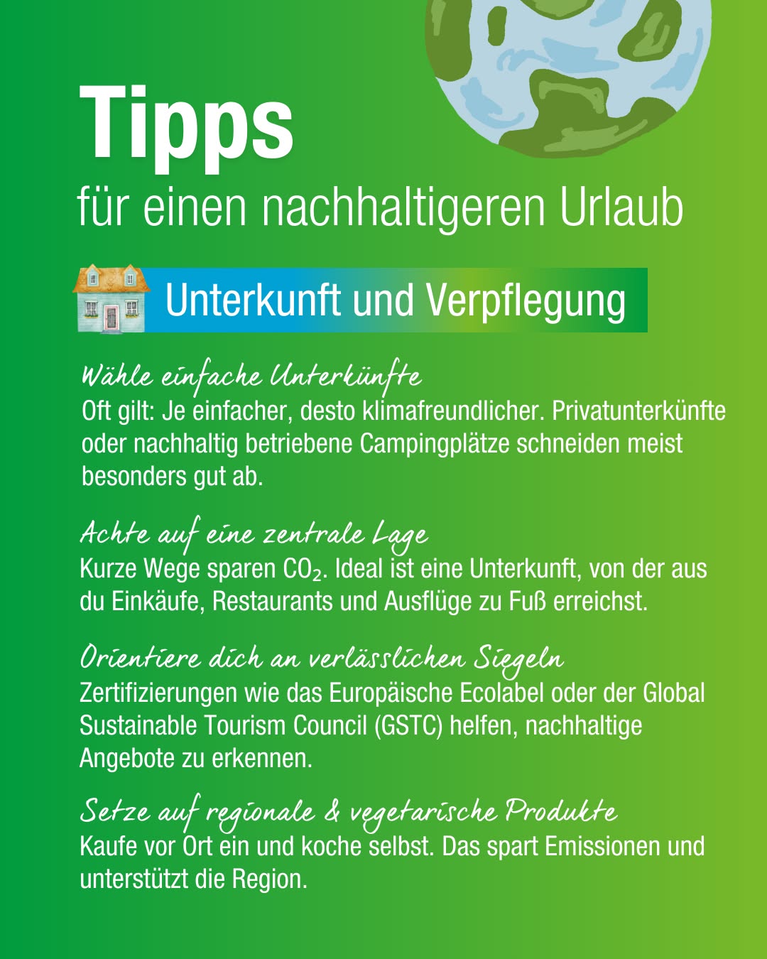 Dieser Alternativtext wurde KI-generiert: Ein farbenfrohes Plakat mit Tipps für nachhaltigen Tourismus. Es enthält Text und Illustrationen zu Themen wie Unterkunft, Verpflegung und regionale Produkte.