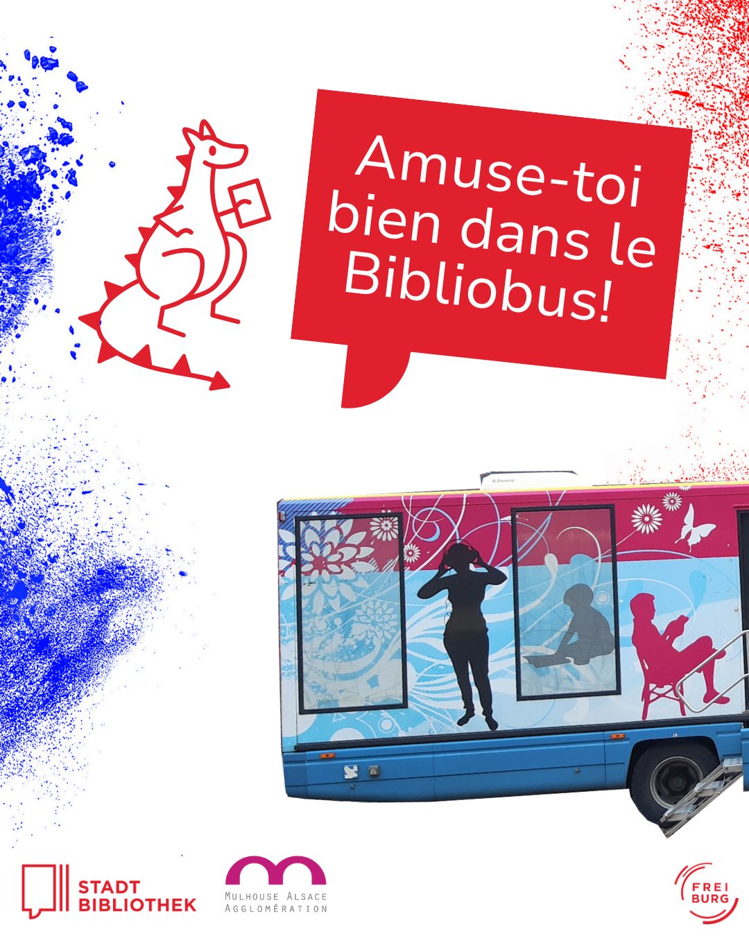 Dieser Alternativtext wurde KI-generiert: Ein farbenfrohes Plakat zeigt einen Bus mit Blumendesign und eine stilisierte Figur, die an eine Leseratte erinnert. Im Hintergrund sind blaue Farbverläufe und Logos von Bibliotheken zu sehen.