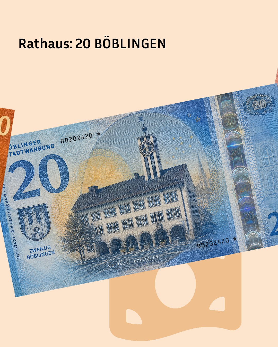 Illustration eines 20-Böblingen-Geldscheins mit dem Rathaus Böblingen und Sicherheitsmustern auf beigem Hintergrund.