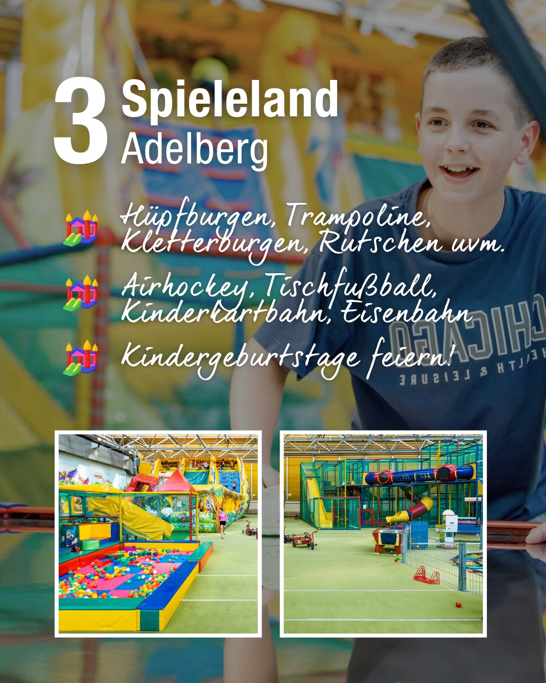 Dieser Alternativtext wurde KI-generiert: Farbige Werbeanzeige für einen Indoor-Spielplatz mit verschiedenen Attraktionen wie Hüpfburgen, Trampolinen und Bahnen. Im unteren Bereich des Bildes ist ein Blick ins Innere des Spielbereichs zu sehen.