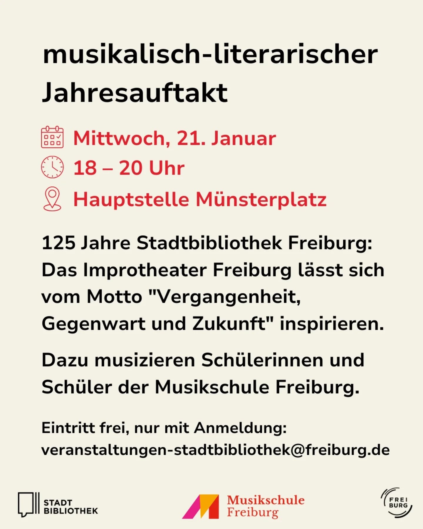 Dieser Alternativtext wurde KI-generiert: Ein monochromatisches Plakat kündigt eine musikalisch-literarische Jahreseröffnung am 21. Januar mit Details zu Ort, Zeit und Anmeldung an. Es werden Schülerinnen und Schüler der Musikschule erwähnt.
