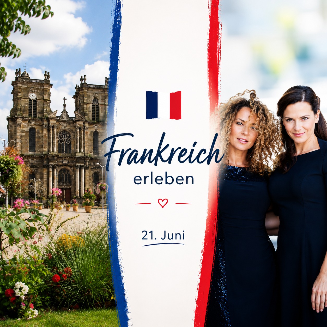 Zwei Personen in dunklen Kleidern vor einem Hintergrund mit französischer Flagge, dem Text „Frankreich erleben“ und dem Datum „21. Juni“. Links ist eine historische Kirche mit Blumenbeeten zu sehen. (KI-Alternativtext)