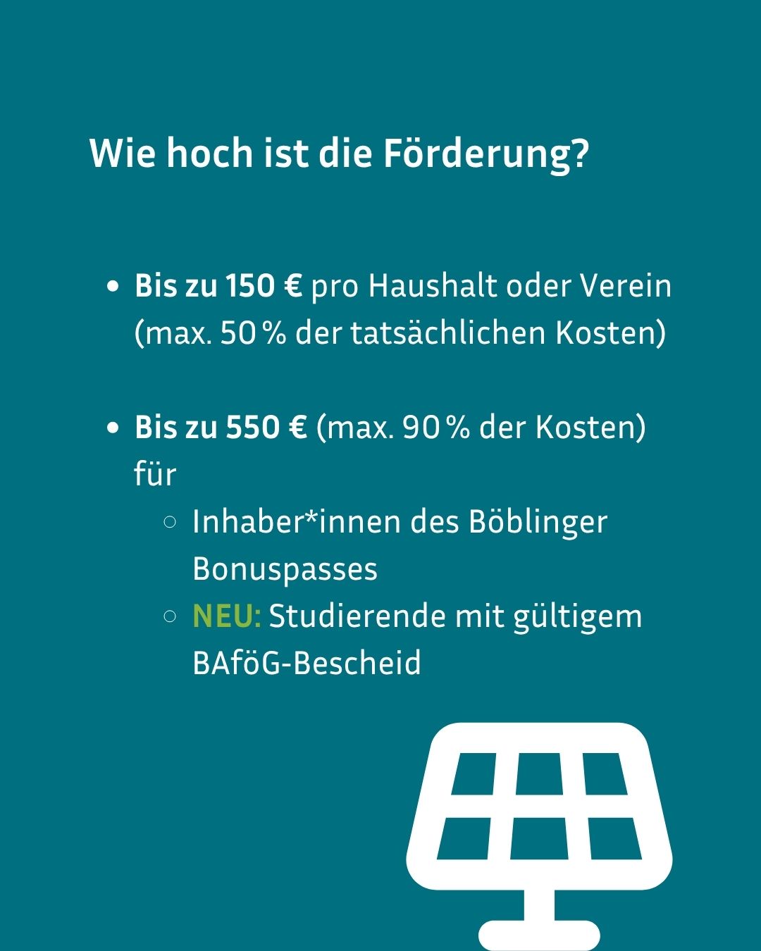 Dieser Alternativtext wurde KI-generiert: Ein blaugrüner Hintergrund mit weißer Schrift zeigt Informationen zu finanzieller Förderung. Es werden verschiedene Beträge und Bedingungen aufgelistet, darunter ein Symbol, das einem Computer ähnelt.